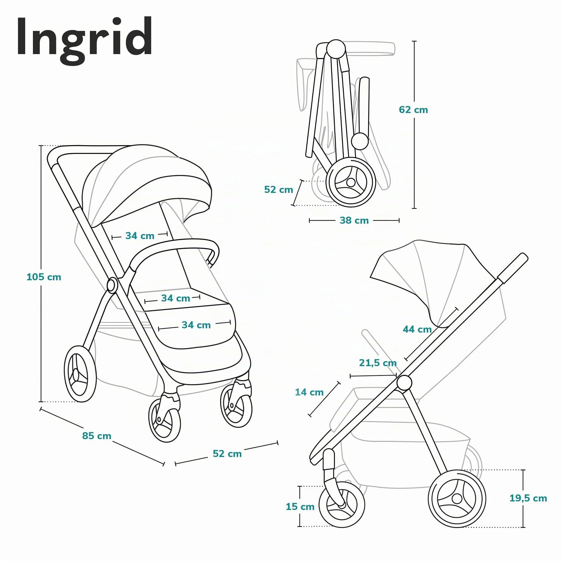 LIONELO INGRID Passeggino leggero per bambini 6 mesi 4 anni 22kg Grandi ruote 360° Schiuma EVA Assorbimento Pieghevole Schienale poggiapiedi regolabili