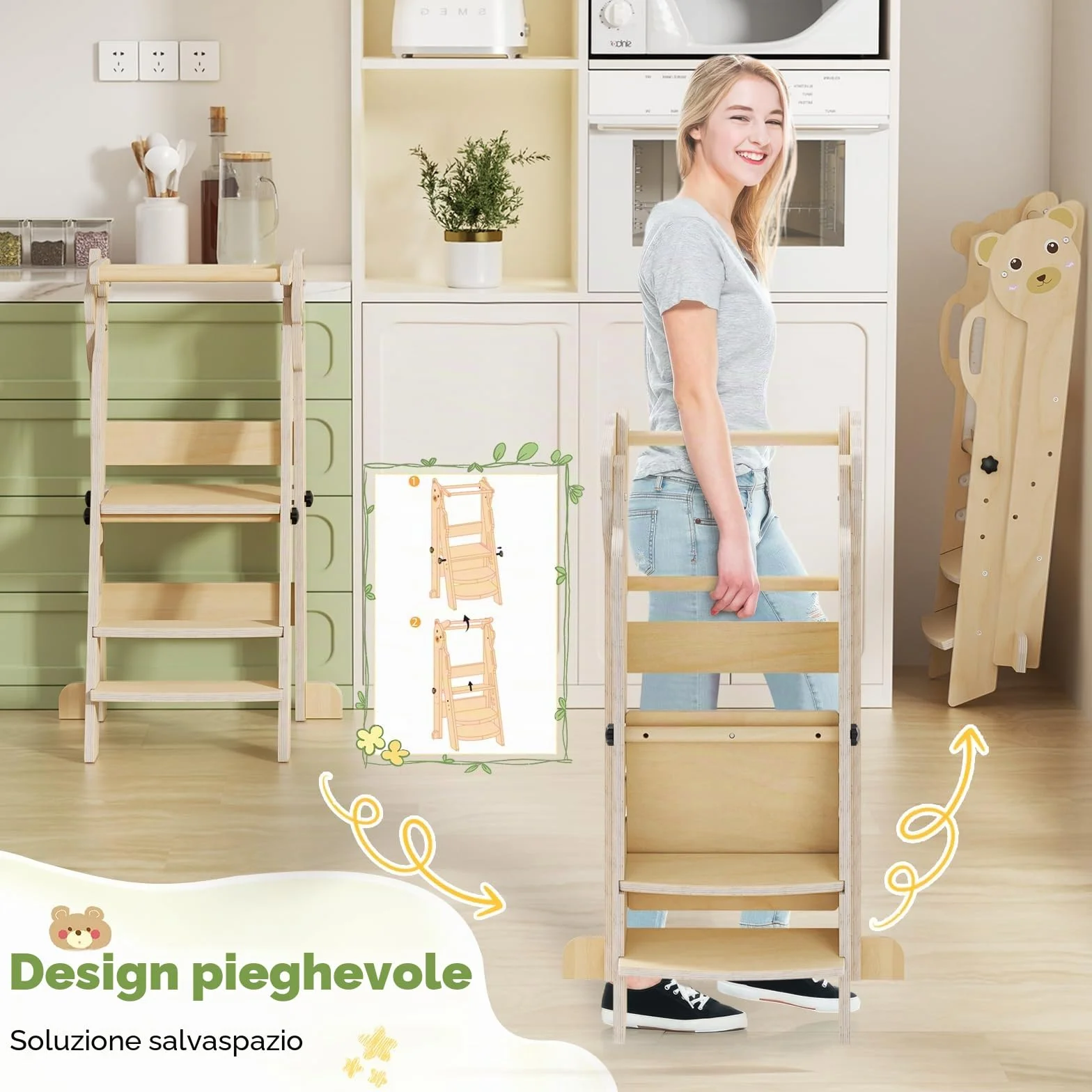 Torre montessoriana pieghevole per bambini, Montessori Learning Tower regolabile in altezza, legno naturale