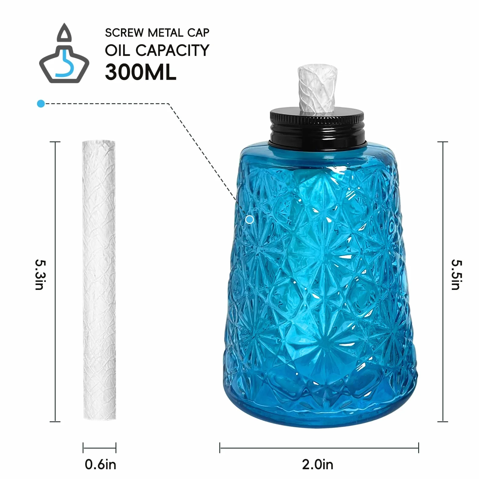 Confezione da 3 lampade a olio in vetro trasparente blu alla citronella, lampade a olio con 3 stoppini, per interni ed esterni, decorazioni per patio