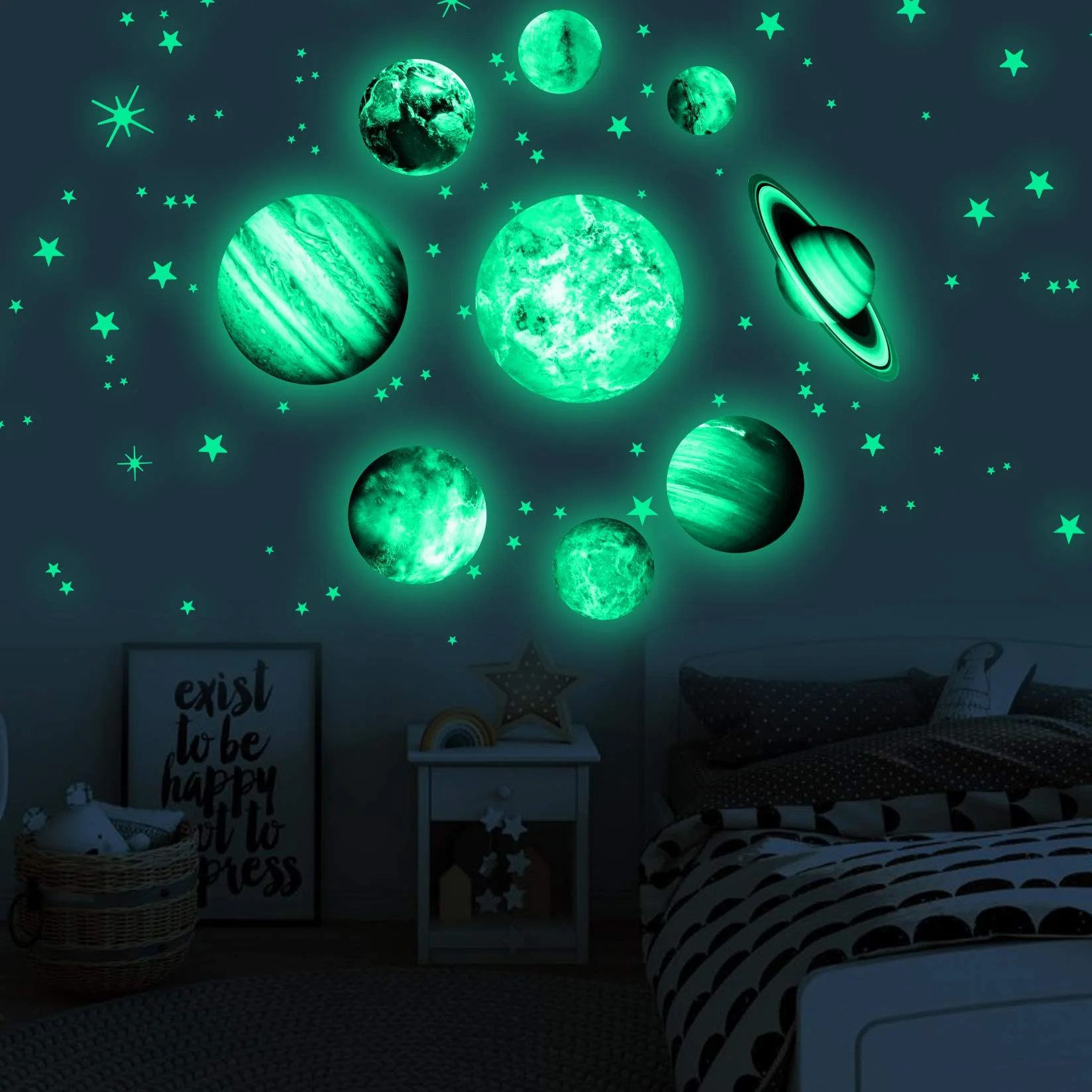 Adesivi da Parete Fluorescenti Sistema Solare 9 Pianeta 4 Stelle Decorazione Murali Sticker da Muro