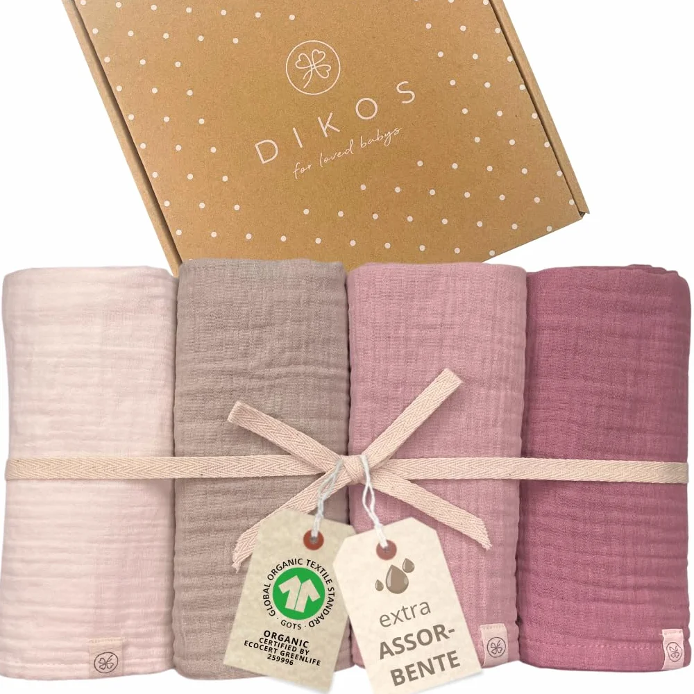 Set 4 Pezzi Mussola Neonato 100% Cotone Biologico GOTS 64x64cm DIKOS