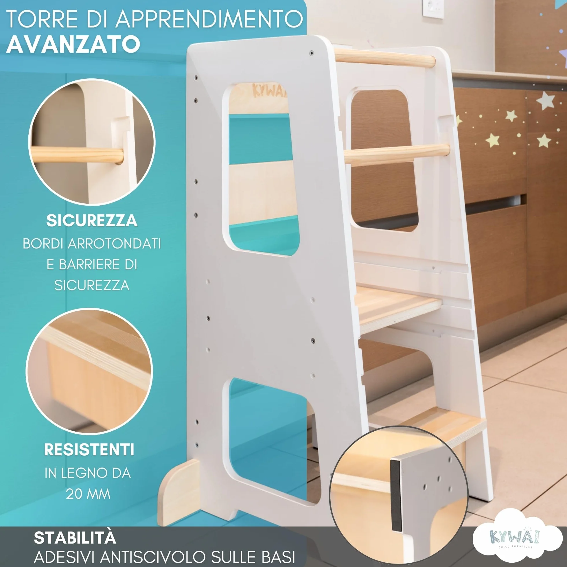 Torre Montessoriana Bambini Premium Legno Regolabile Altezza Doppia Barra Sicurezza Bianco