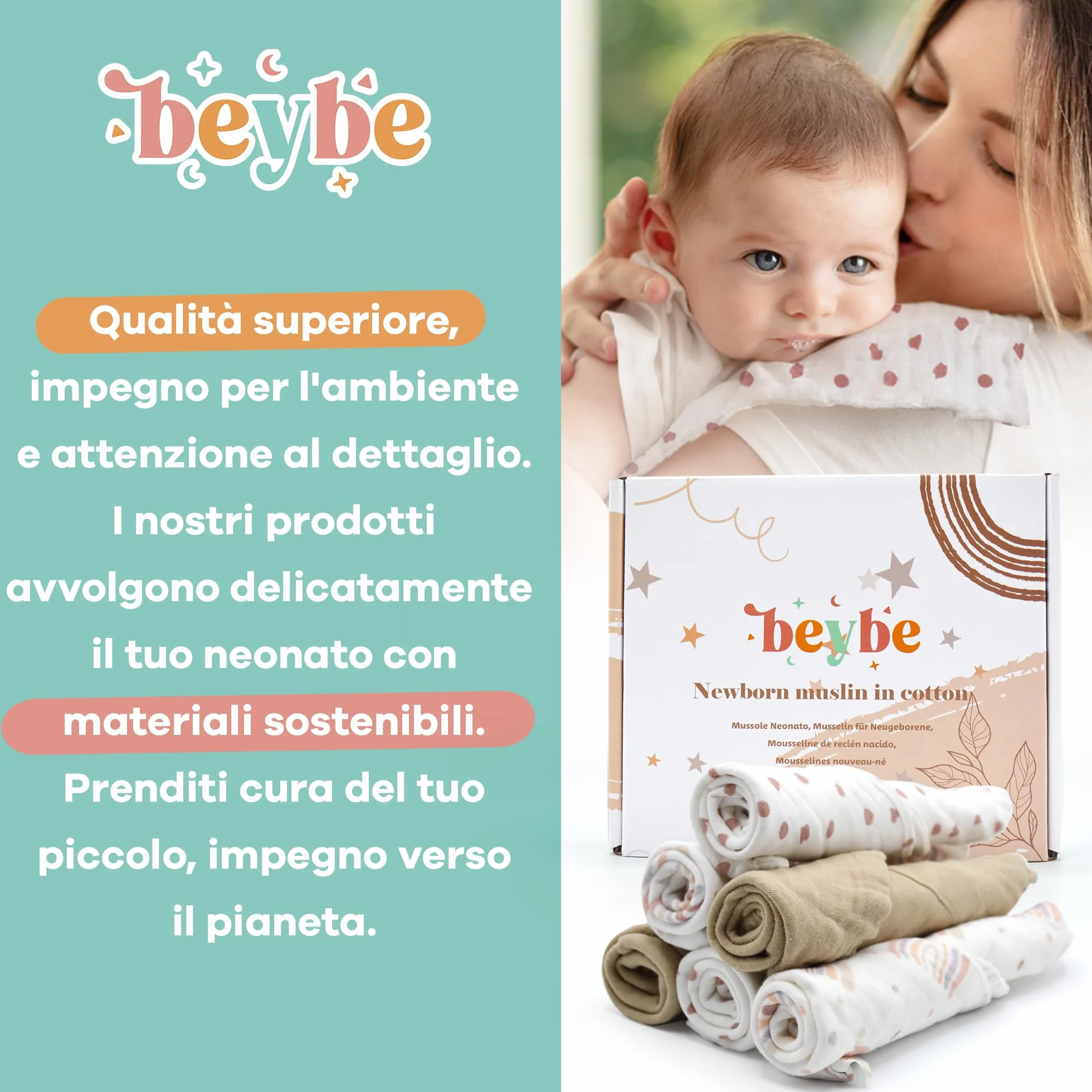 Set 6 quadrotti cotone neonato 30x30 cm Super soffici Beige