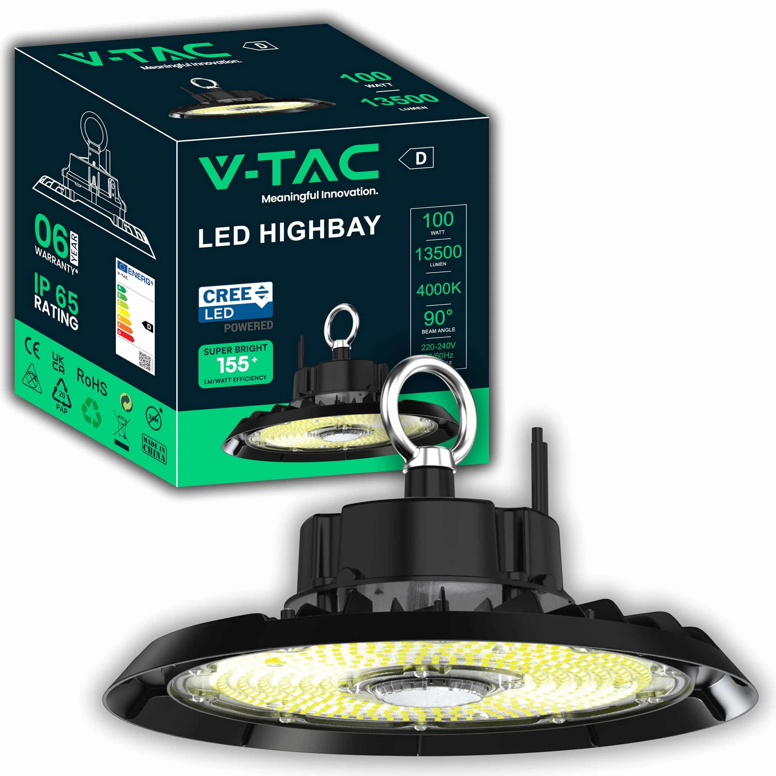 V-TAC Faro Industriale Led UFO potenza 100W - [CHIP CREE LED - RISPARMIO ENERGETICO ] - Lampada Industriale 13500 lm per Magazzino, Fabbrica, Officina - IP65 - Campana - Luce Naturale 4000K