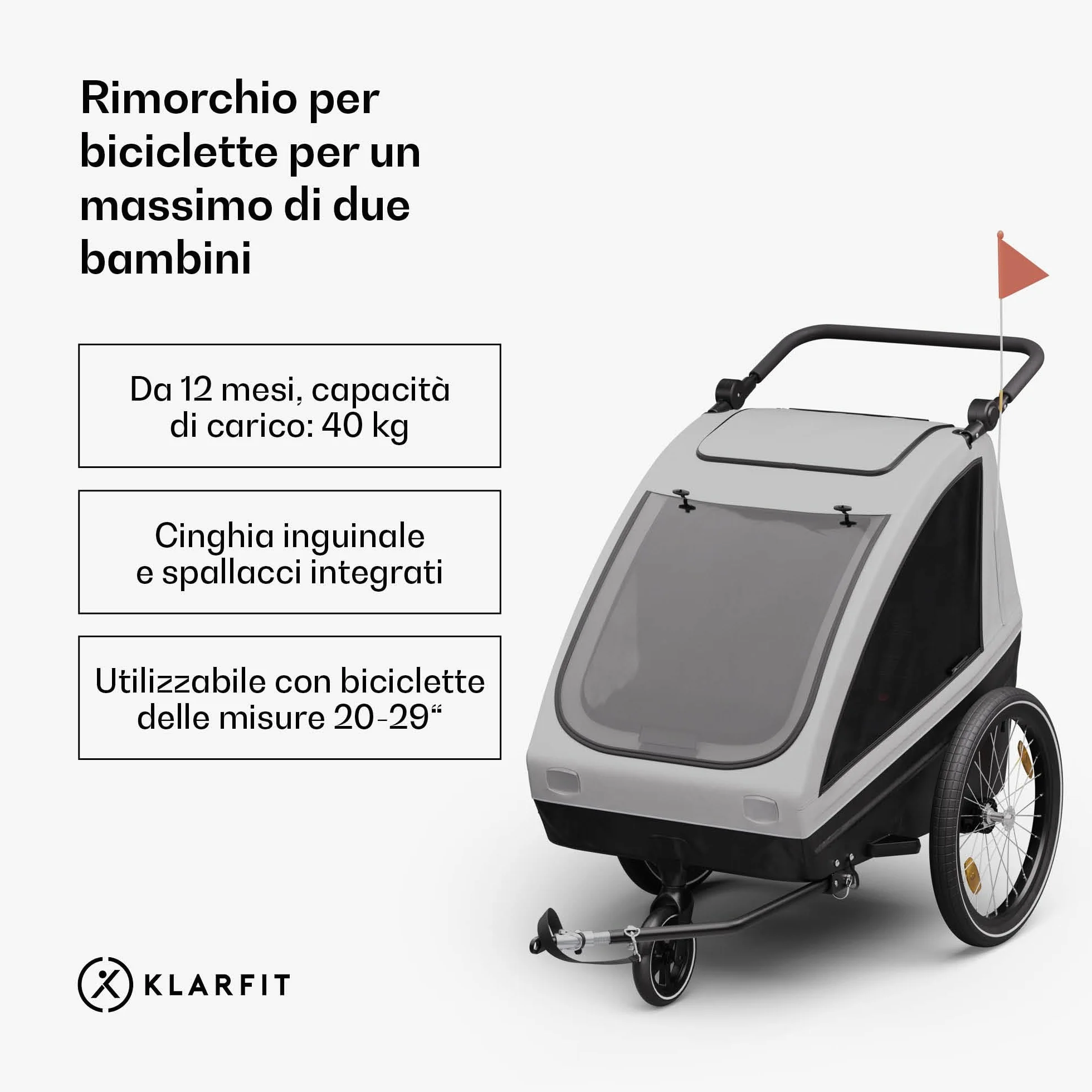 Klarfit GoKiddo Rimorchio per Bici 2in1 Carrello e Passeggino 40kg Pieghevole Grigio Chiaro
