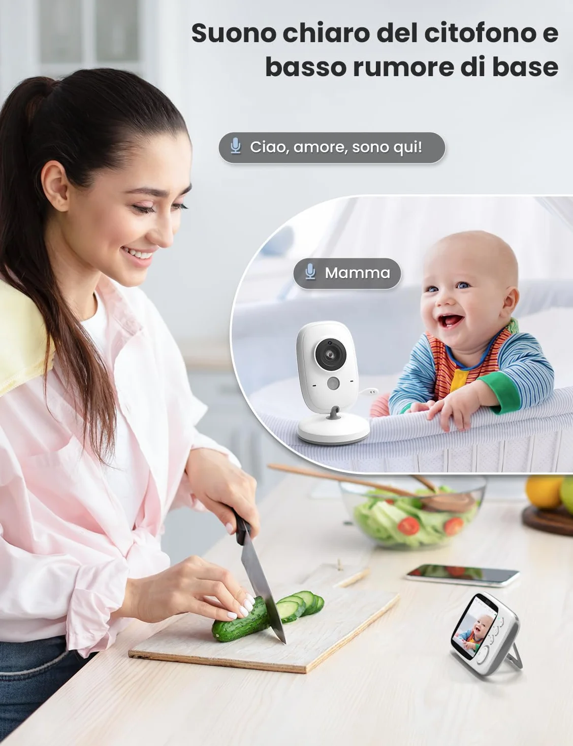 GHB Baby Monitor Video e Audio 3.2'', Telecamera Bambini con Monitor 1000mAh, Visione Notturna, Rilevamento Temperatura, Interfono Bidirezionale, VOX