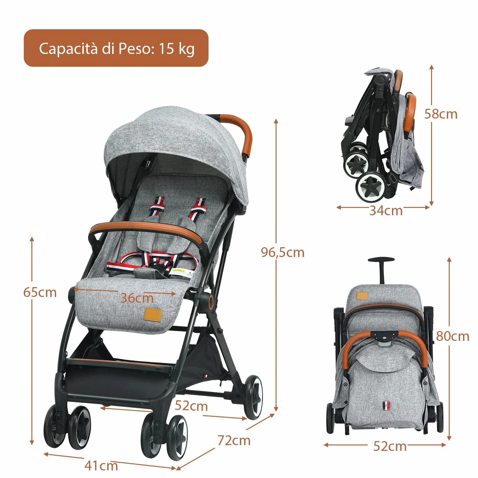 Costway Passeggino Leggero per Bambini 0-3 Anni fino 15 kg, Schienale e Poggiapiedi Regolabili, Cappottina e Zanzariera, Compatto Pieghevole Grigio