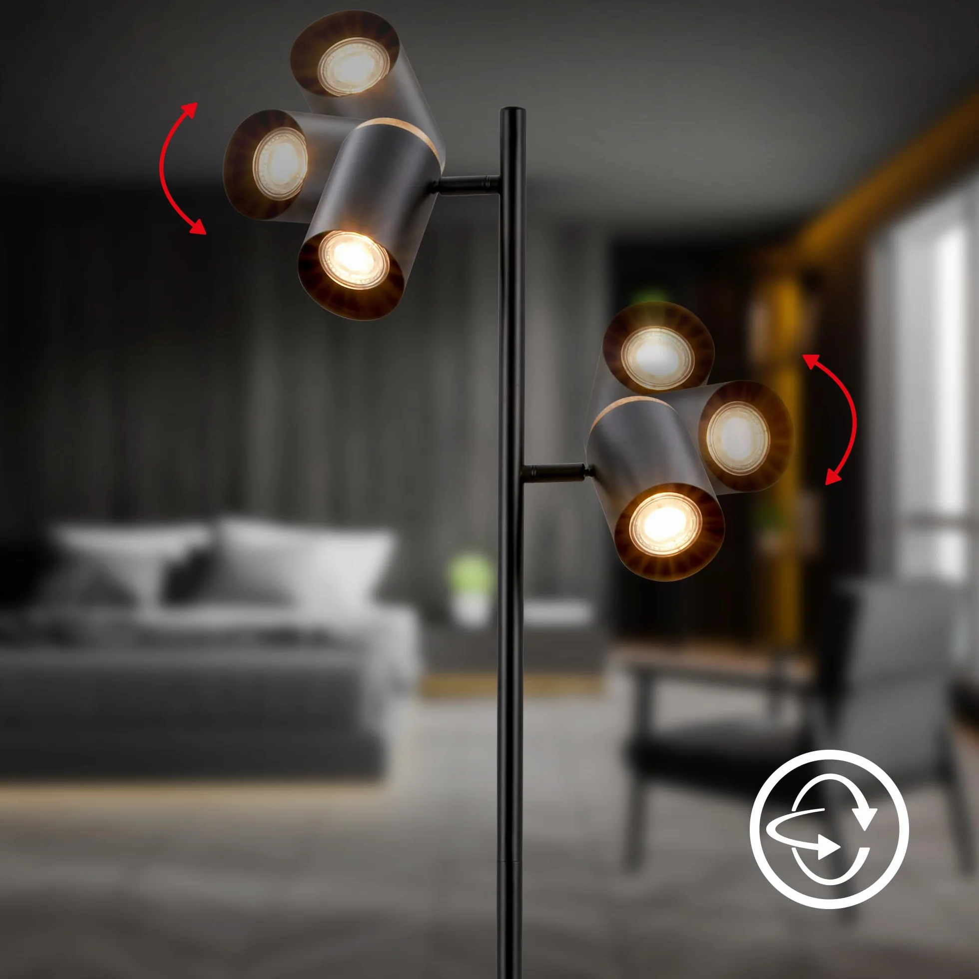 BRILONER - Lampada da terra con interruttore a cavo, faretti orientabili, 2x attacco GU10, piantana lampada da terra, lampada da terra salotto, lampada soggiorno da terra, 26x26x159,5 cm, nero-legno