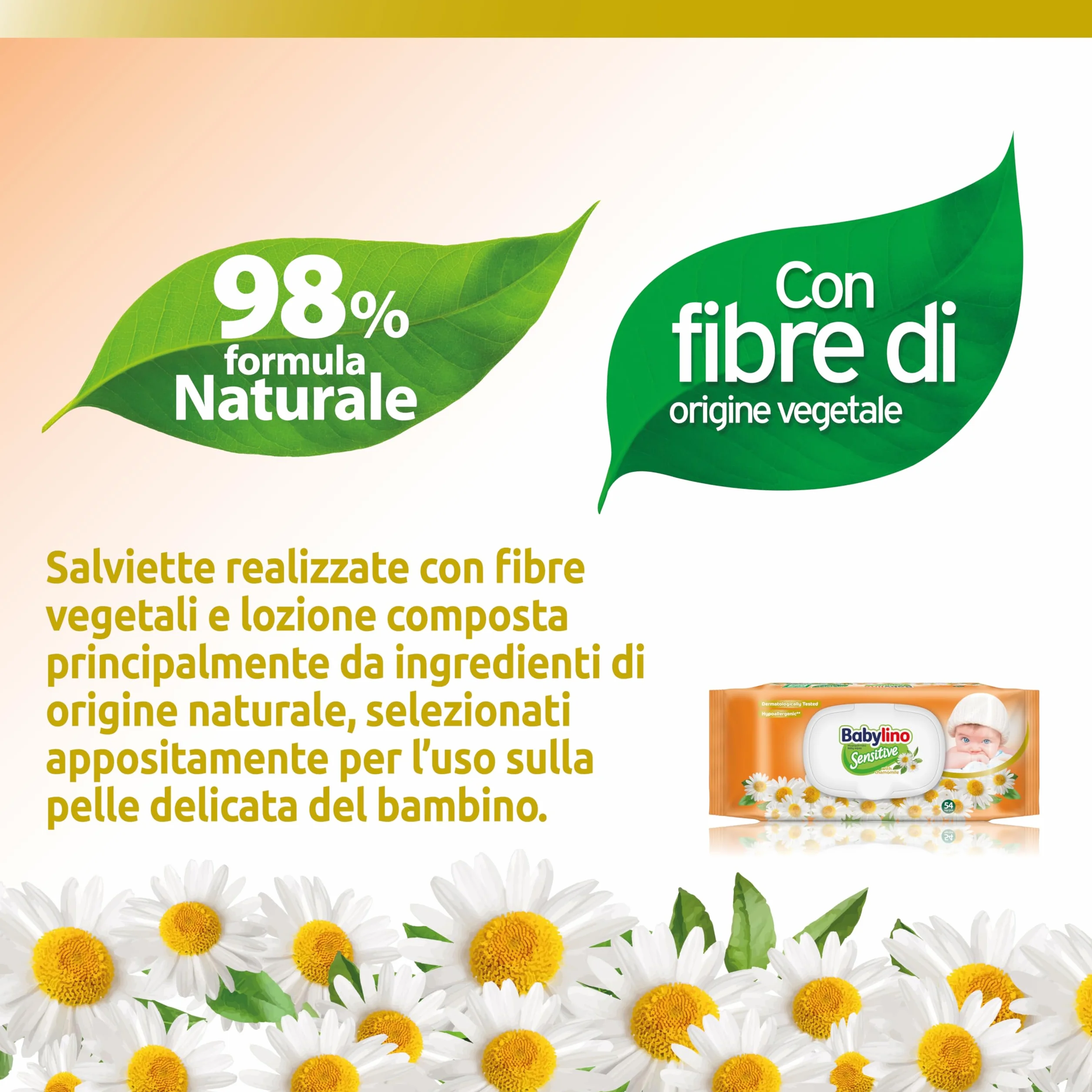Salviette Neonato Babylino Sensitive Camomilla 98% Naturale PH Pelle, 3 Confezioni 162 Salviettine