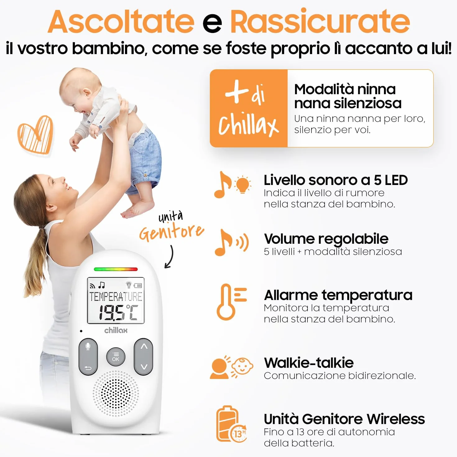 CHILLAX CB260 Baby monitor Audio DECT Schermo LCD VOX Mode Eco Sensore temperatura Portata 340m