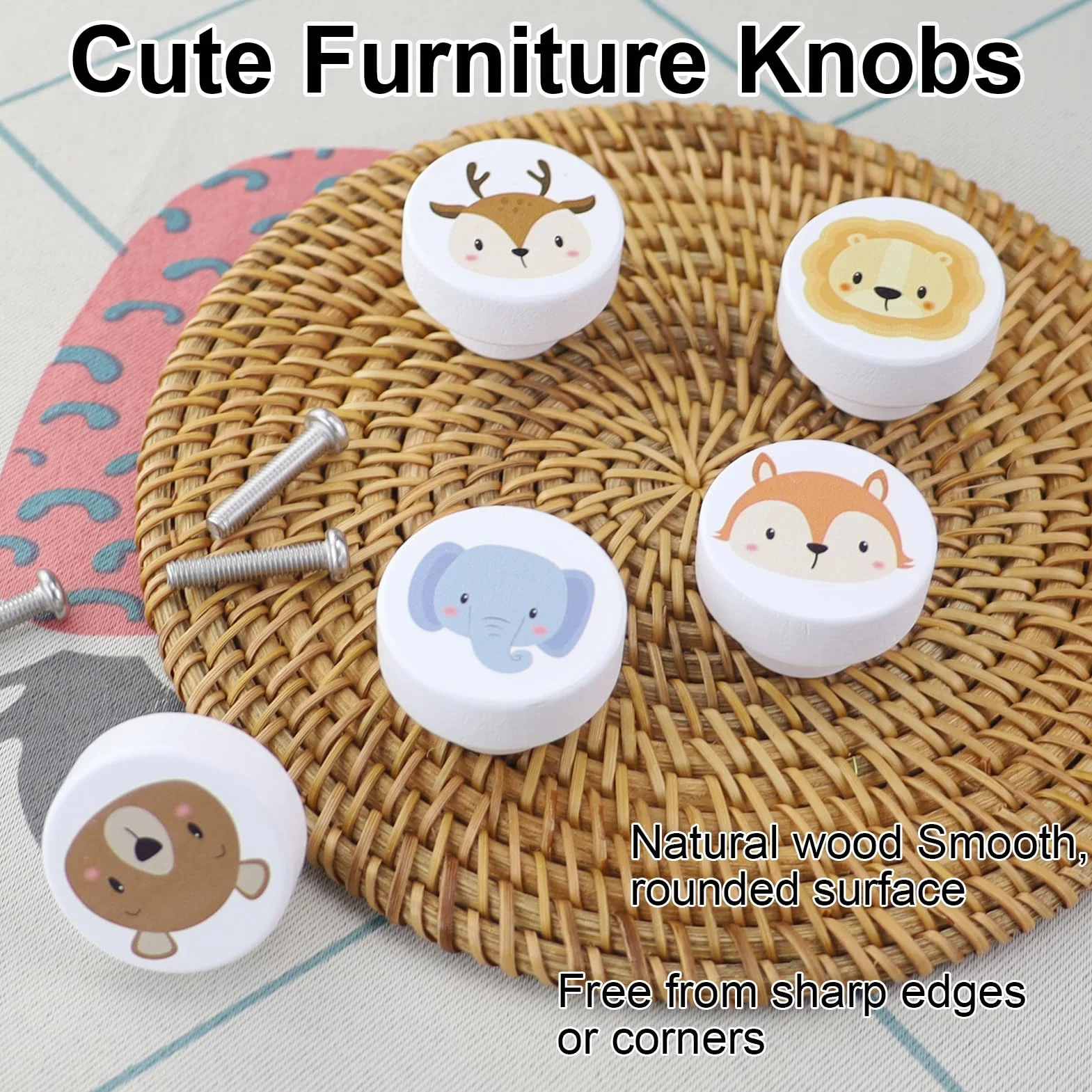 Pomelli per Mobili Bambini in Legno 6 Pezzi, Maniglie Cassetti Decorativi con Motivi Animali