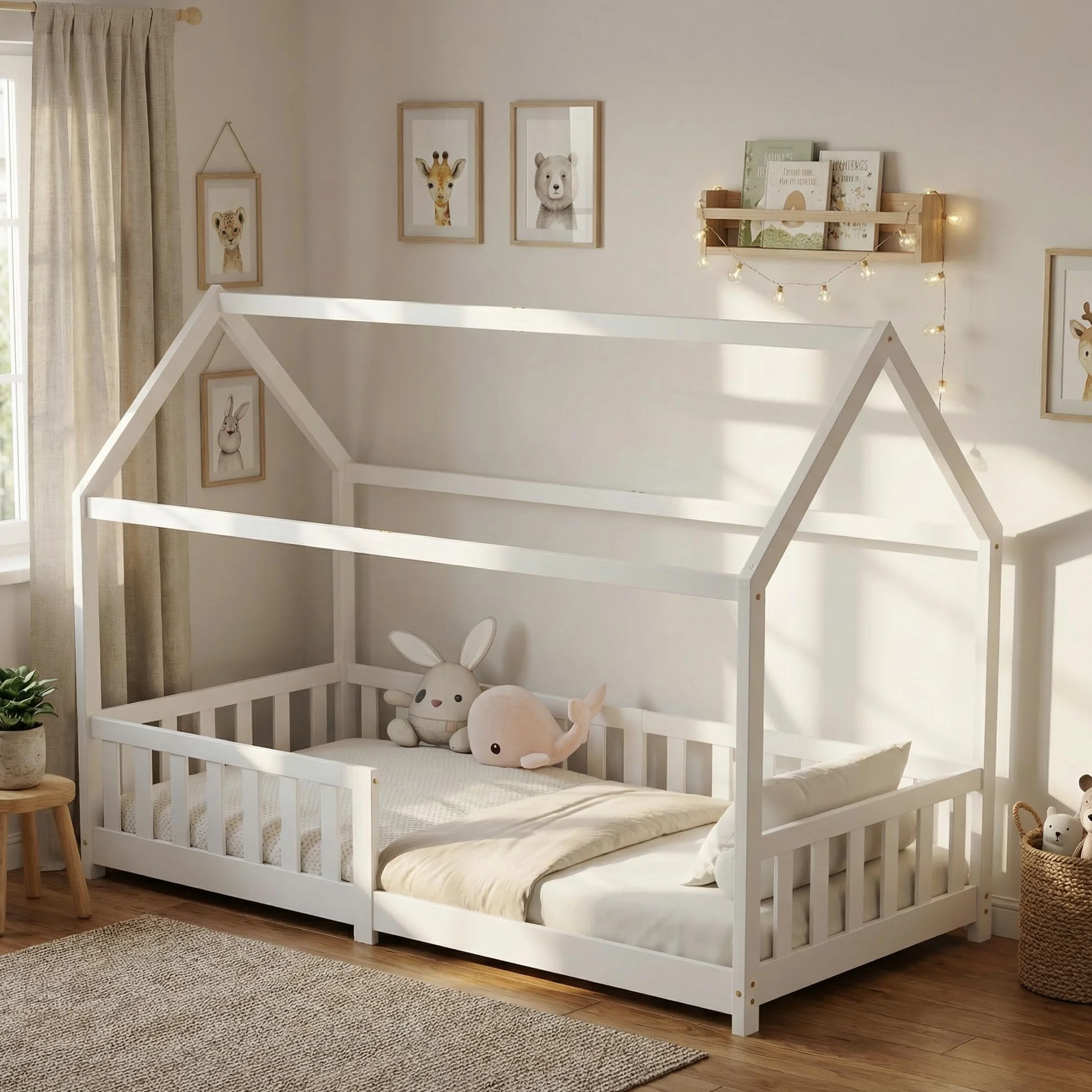 ecomi® Lettino per bambini 90x200 80x160 cm con protezione cadute e rete a doghe Bianco