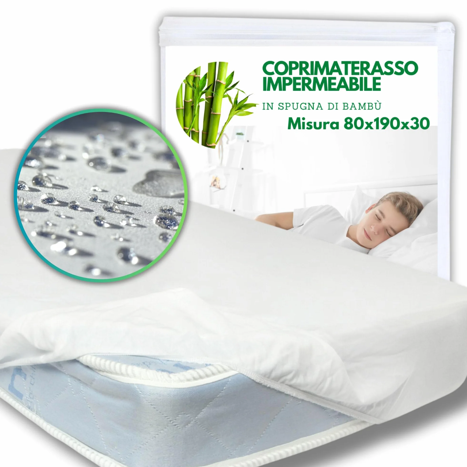 Coprimaterasso Singolo Impermeabile Bambù 80x190x30 cm 80x200x25 cm