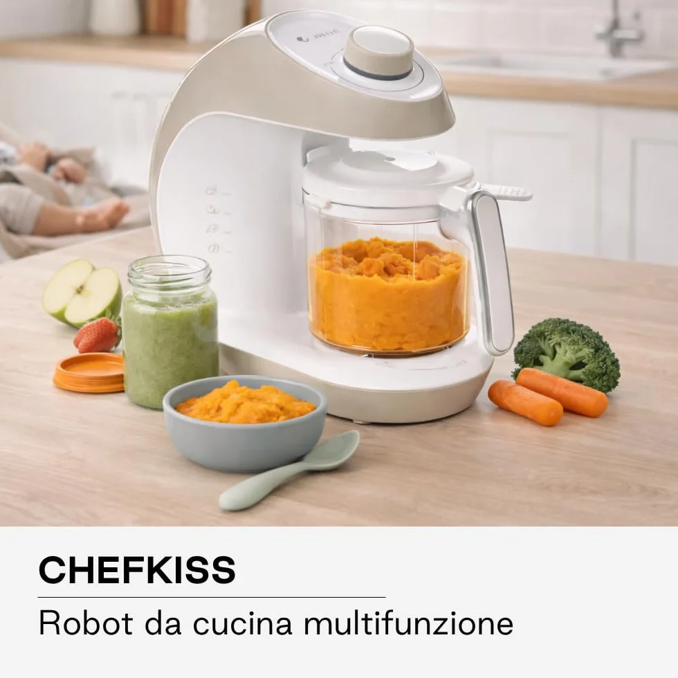 Jané Chefkiss 7 in 1 Multifunzione Robot da Cucina per Bebè Vapore Scongela Riscalda Sterilizza Pulizia Automatica