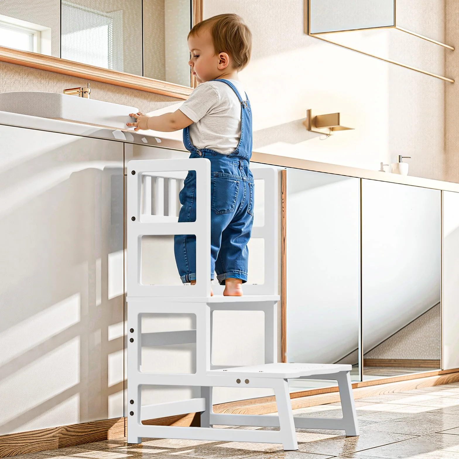 COSYLAND Torre Montessoriana 2 in 1 per Bambini con Protezione Rimovibile 136 kg Bianco