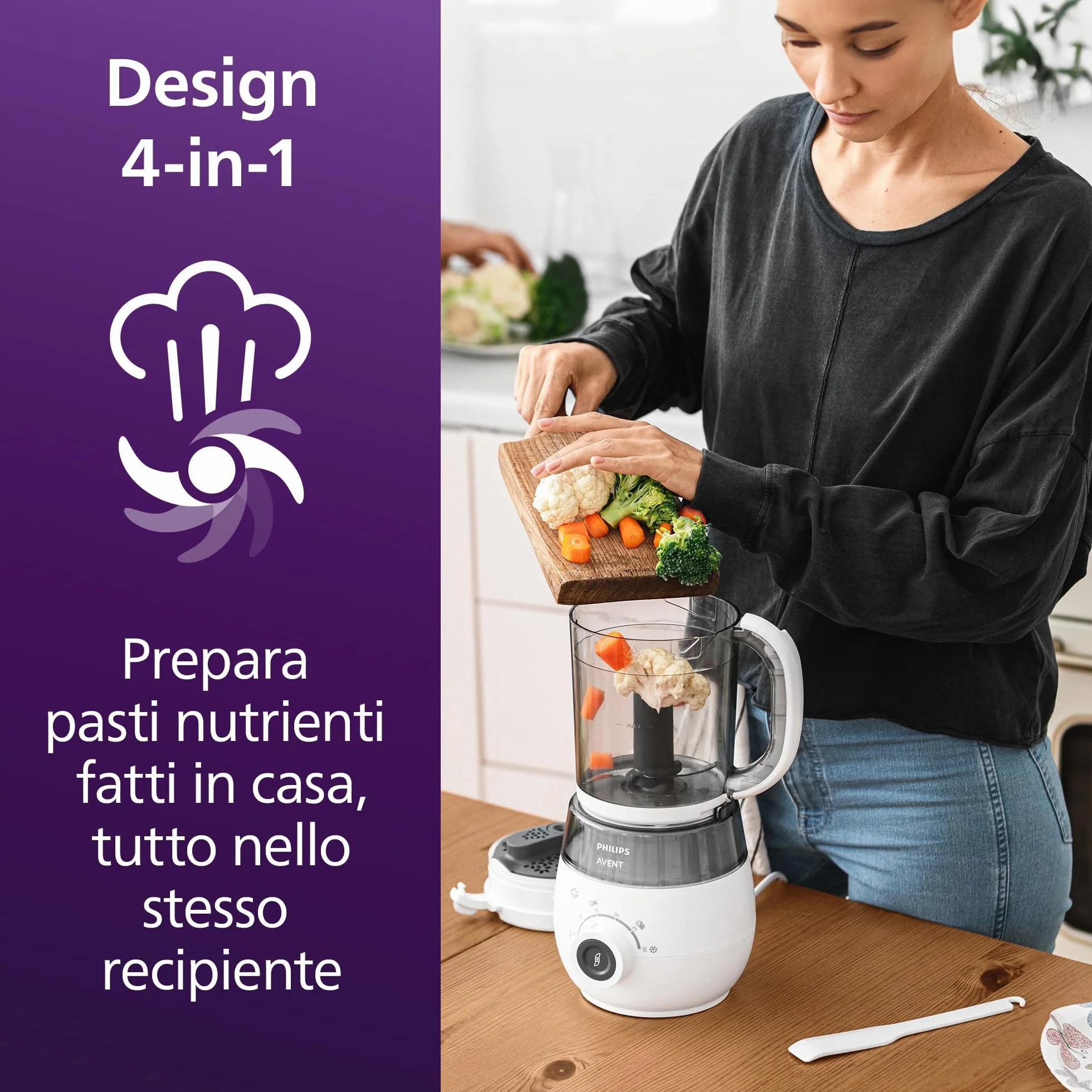 Philips Avent SCF883/01 EasyPappa Plus 4 in 1 Cuocipappa Multifunzione, 1 litro, Bianco/Grigio