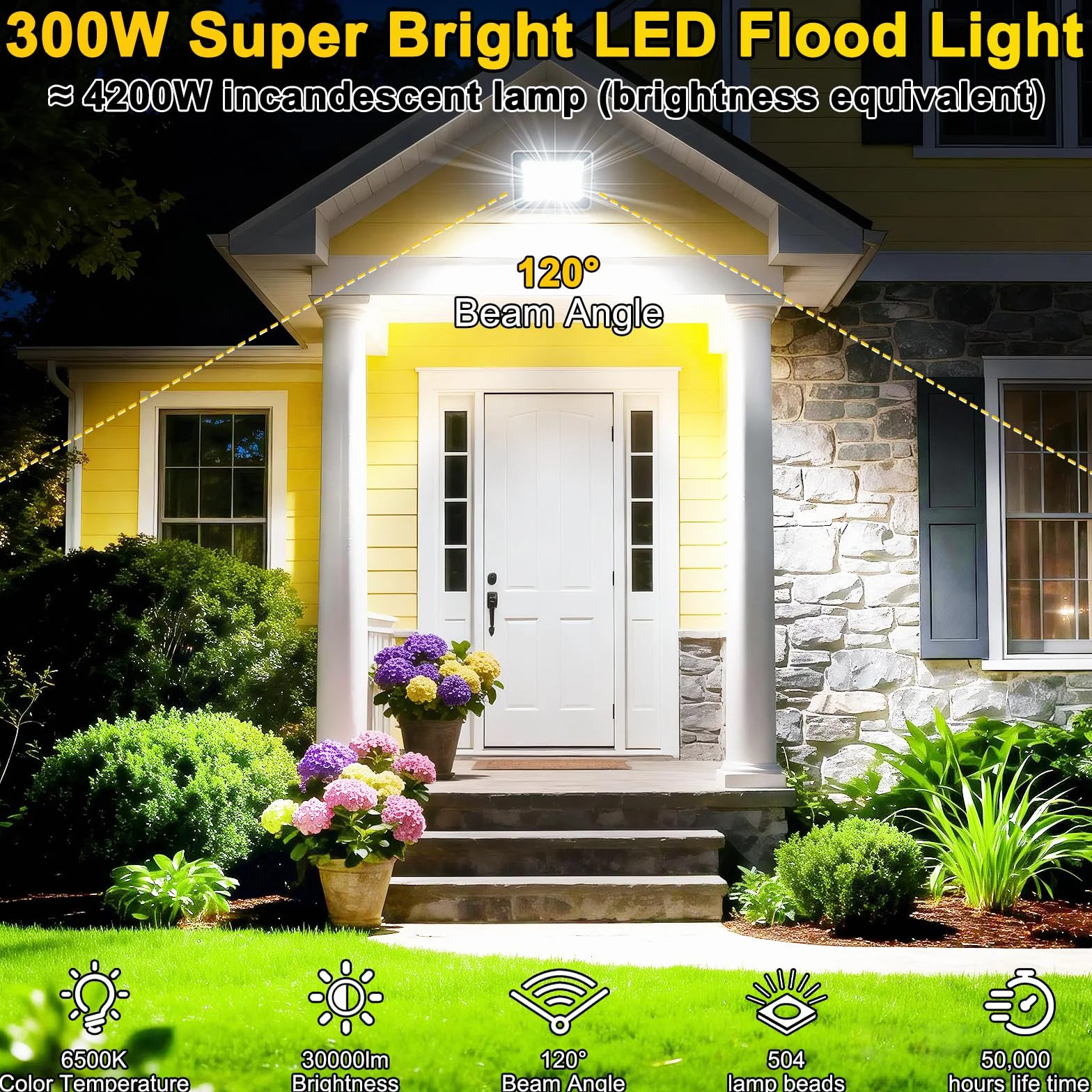 CREATESTAR Faretto Led da Esterno 300W, Faretti Led Esterni 6500K 30000LM luce bianca fredda, IP66 Impermeabile Faro Esterno per sportivo magazzino garage giardino parcheggio campo cortile 1 Pezzi