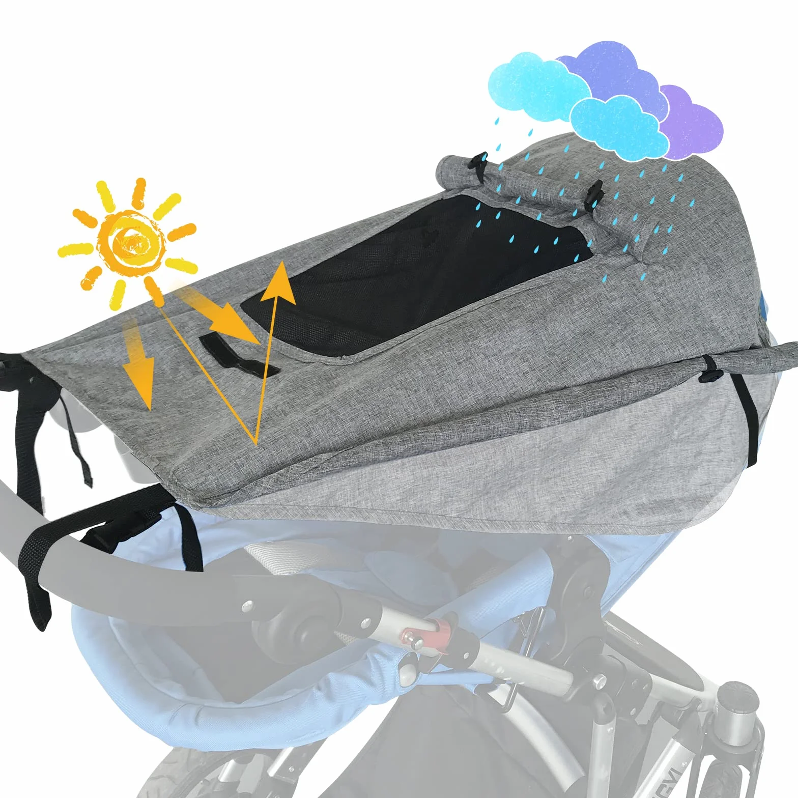 Parasole per Passeggino Universale Regolabile UV 50+ Protezione Solare con Custodia Grigio