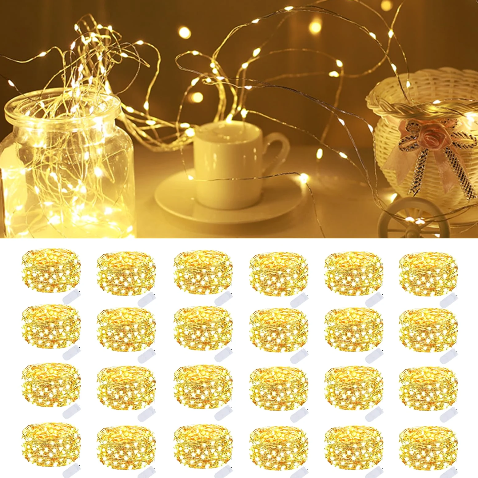 Confezione da 24 luci a batteria, 2,8 m, con 20 luci a LED, impermeabili, per matrimoni, Natale, San Valentino, barattoli, centrotavola, decorazioni da tavola (bianco caldo)