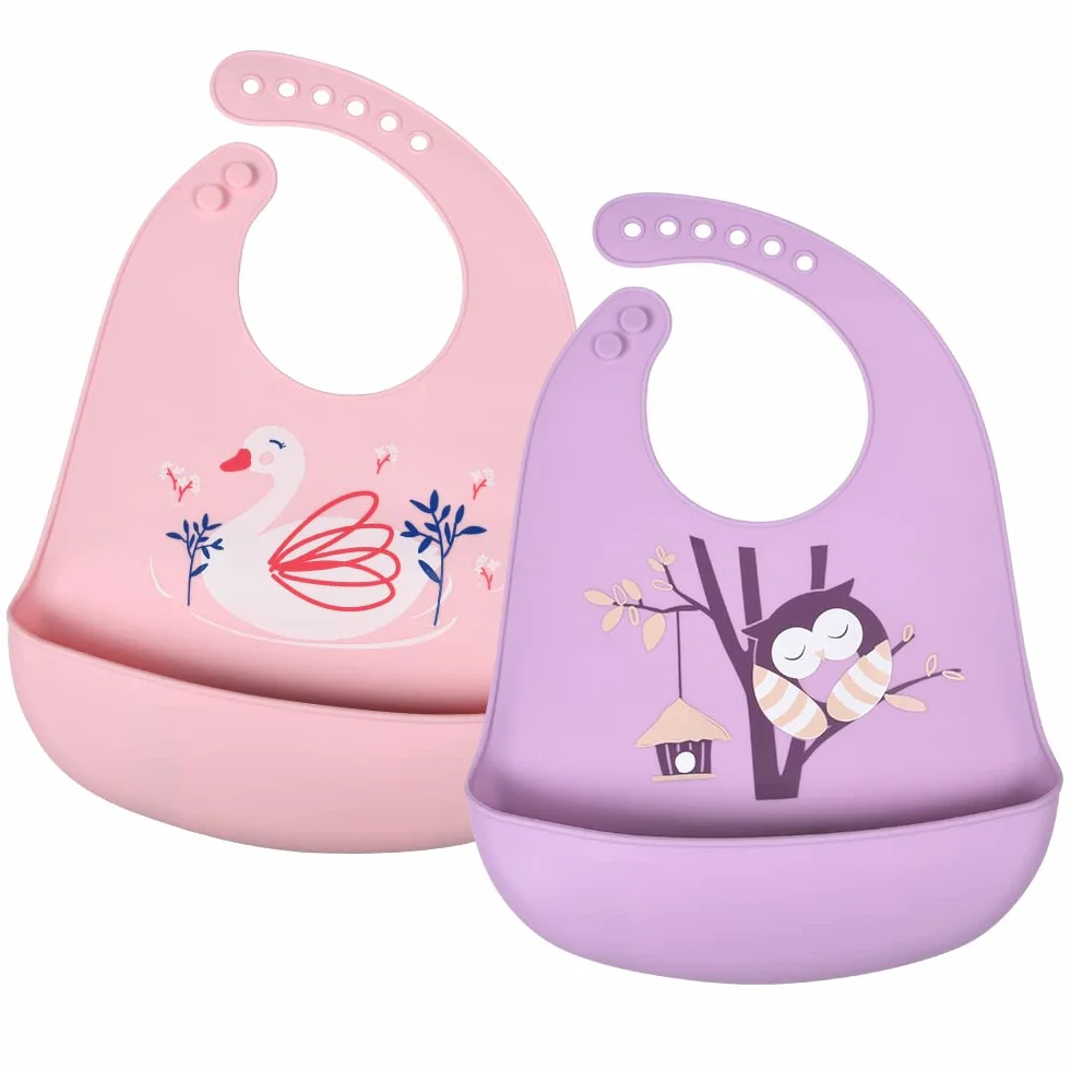 Vicloon Bavaglini Silicone Impermeabile Senza BPA 2PCS con Tasca Raccoglipappa 6 Misure Regolabili Viola e Rosa