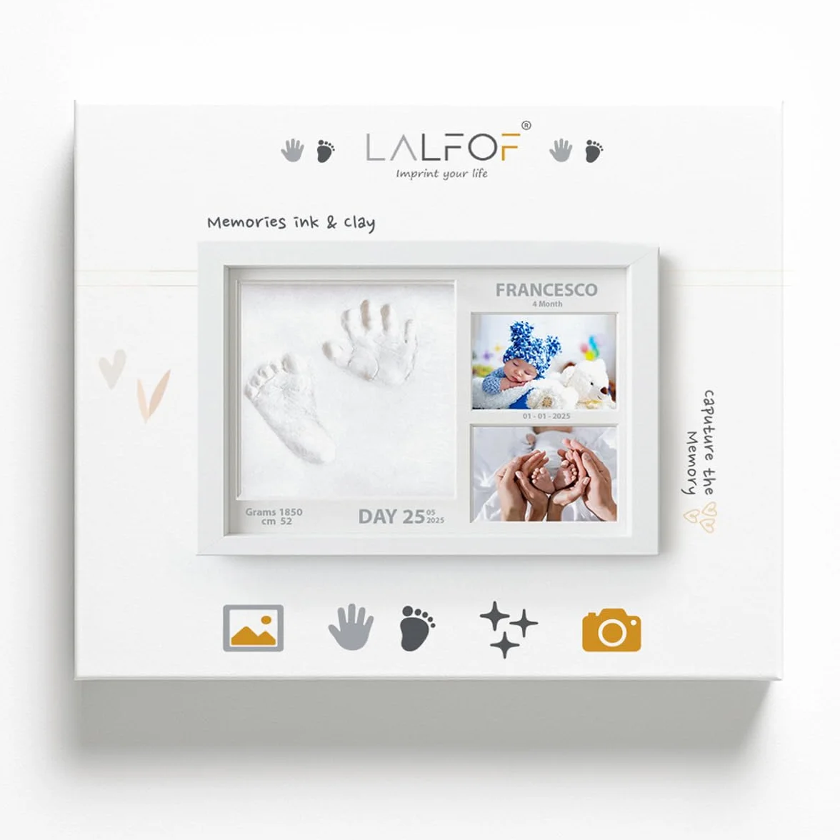 Lalfof® Cornice Impronta Mani e Piedi Neonati 2in1 con Nome, Kit in Argilla e Inkpad, Idea Regalo per Neonato
