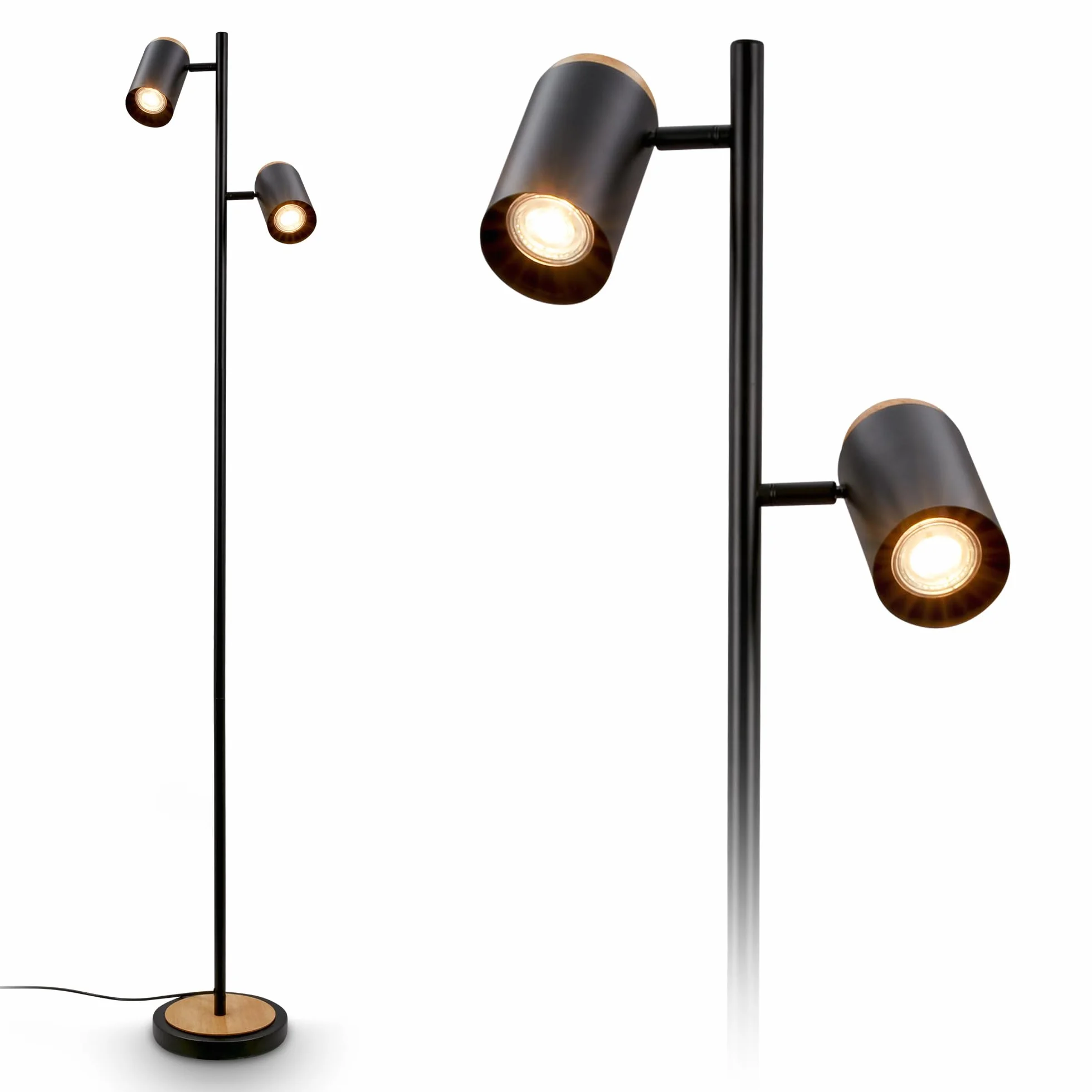 BRILONER - Lampada da terra con interruttore a cavo, faretti orientabili, 2x attacco GU10, piantana lampada da terra, lampada da terra salotto, lampada soggiorno da terra, 26x26x159,5 cm, nero-legno