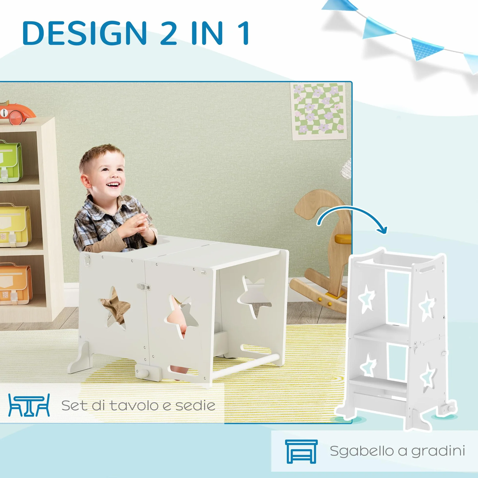 AIYAPLAY Torre Montessoriana Bambini Convertibile Set Tavolo Sedie Barra Sicurezza Sgabello Legno 3-6 Anni Apprendimento Bagno Cucina Toilette Bianco