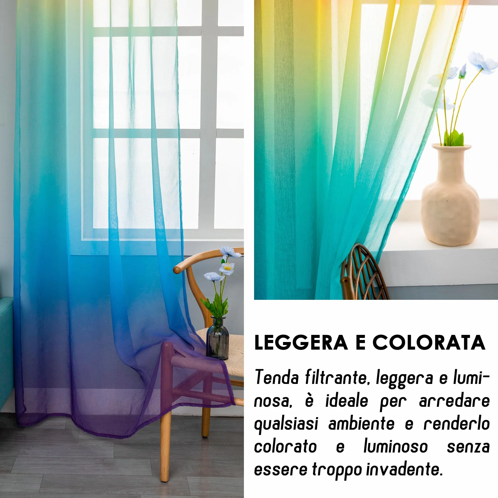 GIRASOLE HOME Tende Voile Semi Trasparenti Arcobaleno 2 Pannelli 140x275cm
