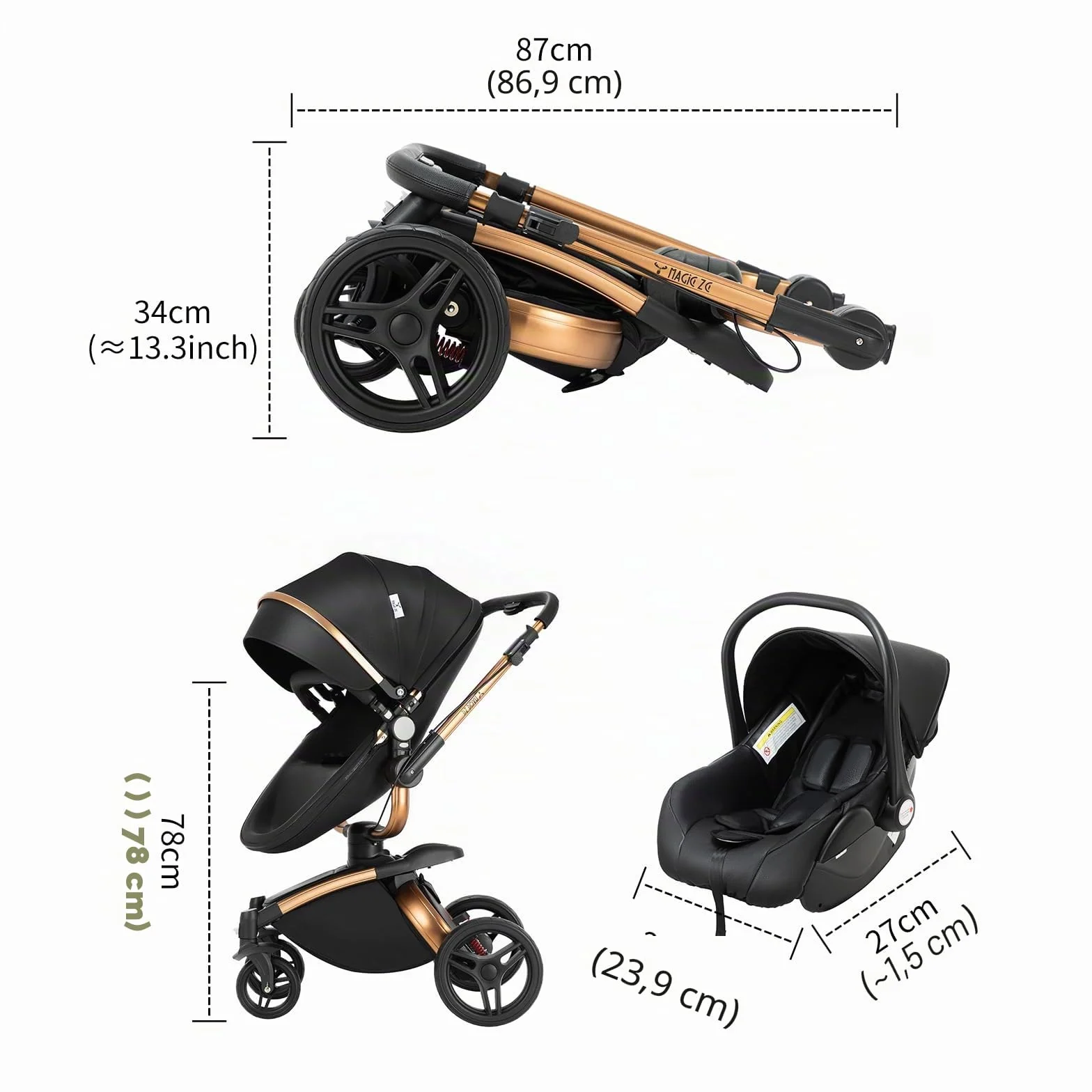 Magic ZC 360° Girevole Pelle PU Passeggino Trio 3 in 1 Reversibile a Due Vie per Neonati con Accessori (906 Black)