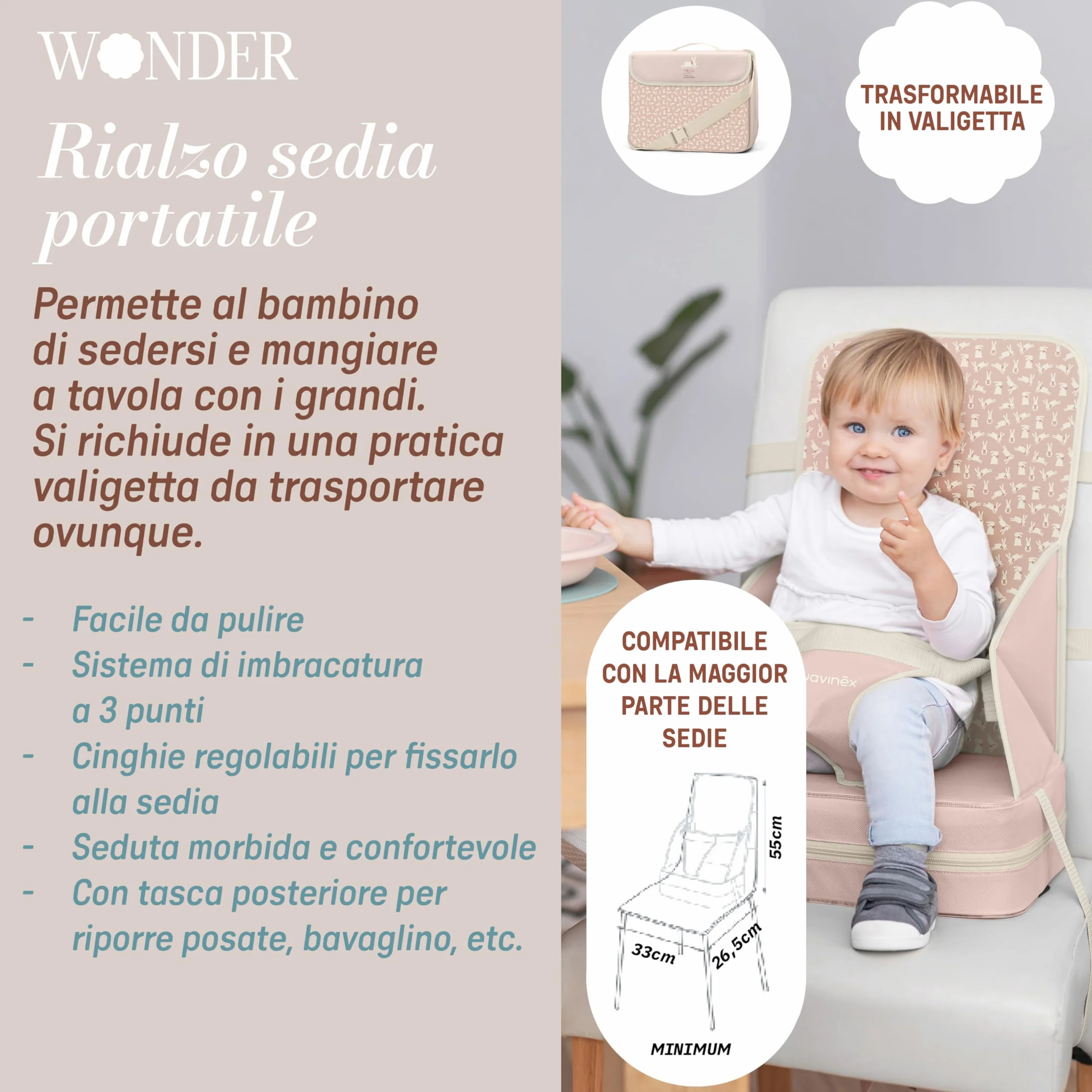 Suavinex seggiolone portatile per bambini +6 mesi universale trasformabile in borsa rosa