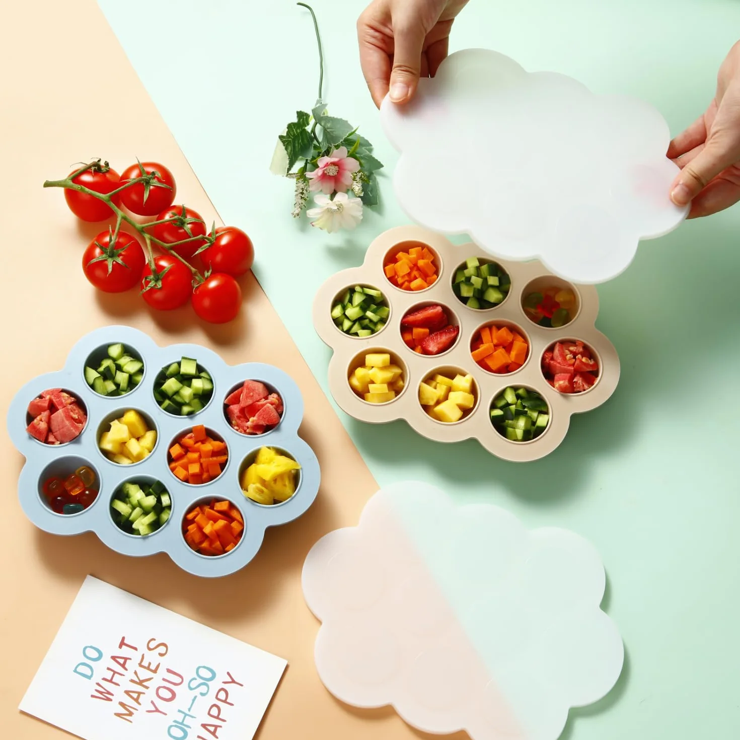 PandaEar Set di 2 Vaschette per Congelare Alimenti per Bambini in Silicone con Coperchi - Blu/Marrone