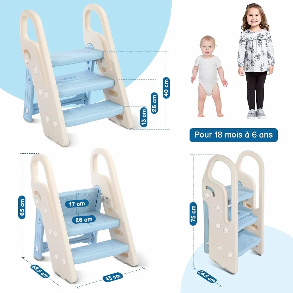 Onasti Sgabello a tre gradini pieghevoli per bambini, Scaletta 3 gradini, Sedile per Addestramento WC, Multifunzione, Regolabile in Altezza, Antiscivolo (Blu)