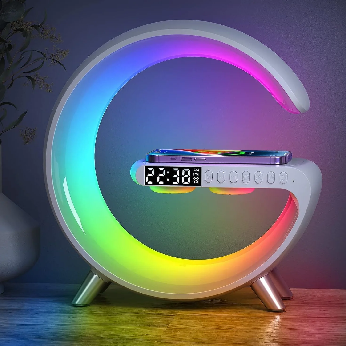 Lampada da Tavolo a LED intelligente, per Atmosfera con Caricabatterie Senza Fili Altoparlante Bluetooth Luce Notturna Dimmerabile con Sincronizzazione Musicale (Bianco)
