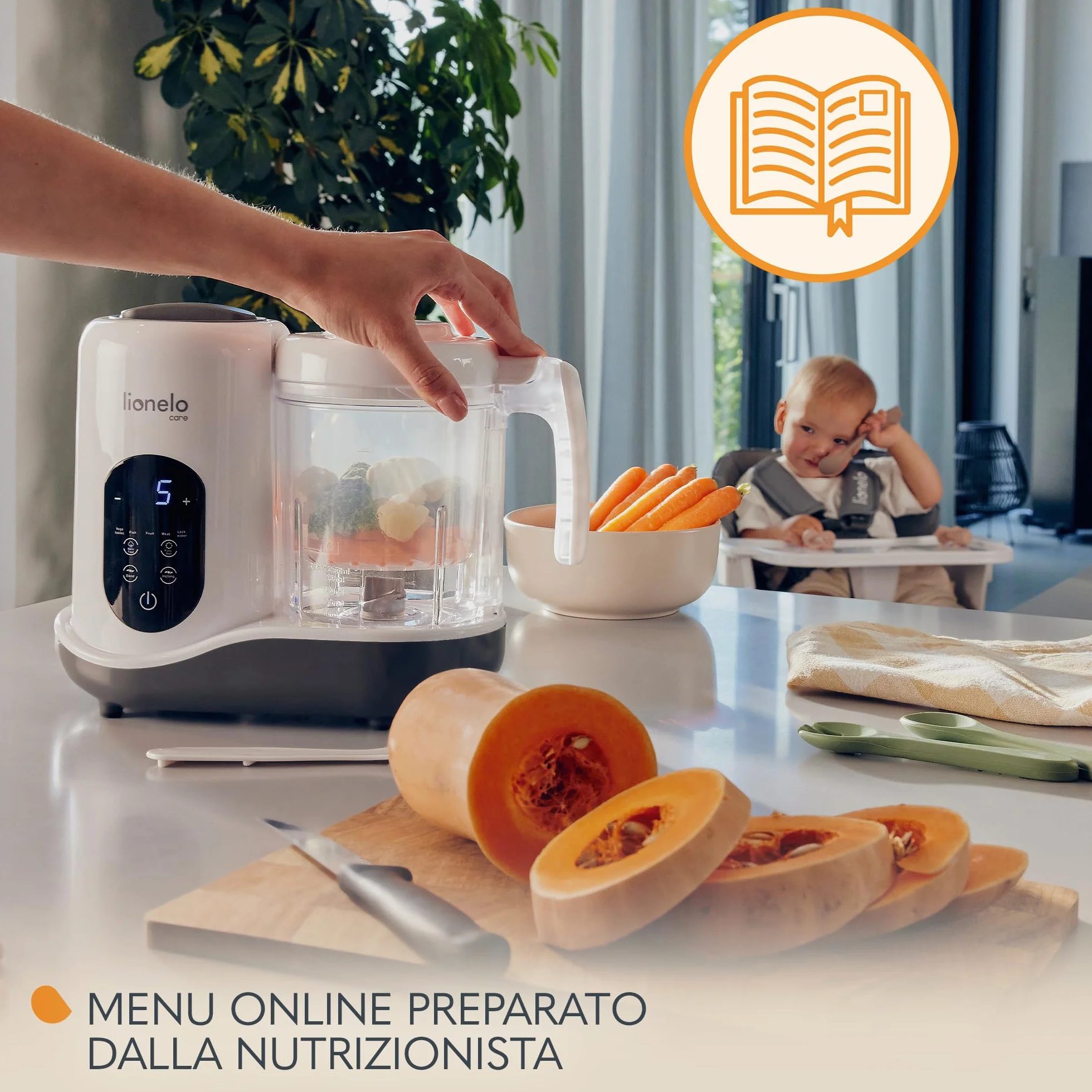 Lionelo BABYMENU 5in1 Robot Cucina e Scaldabiberon per Bambini: Cottura a Vapore, Frullatura, Riscaldamento, Scongelamento, Sterilizzazione, Senza BPA, 35 Ricette