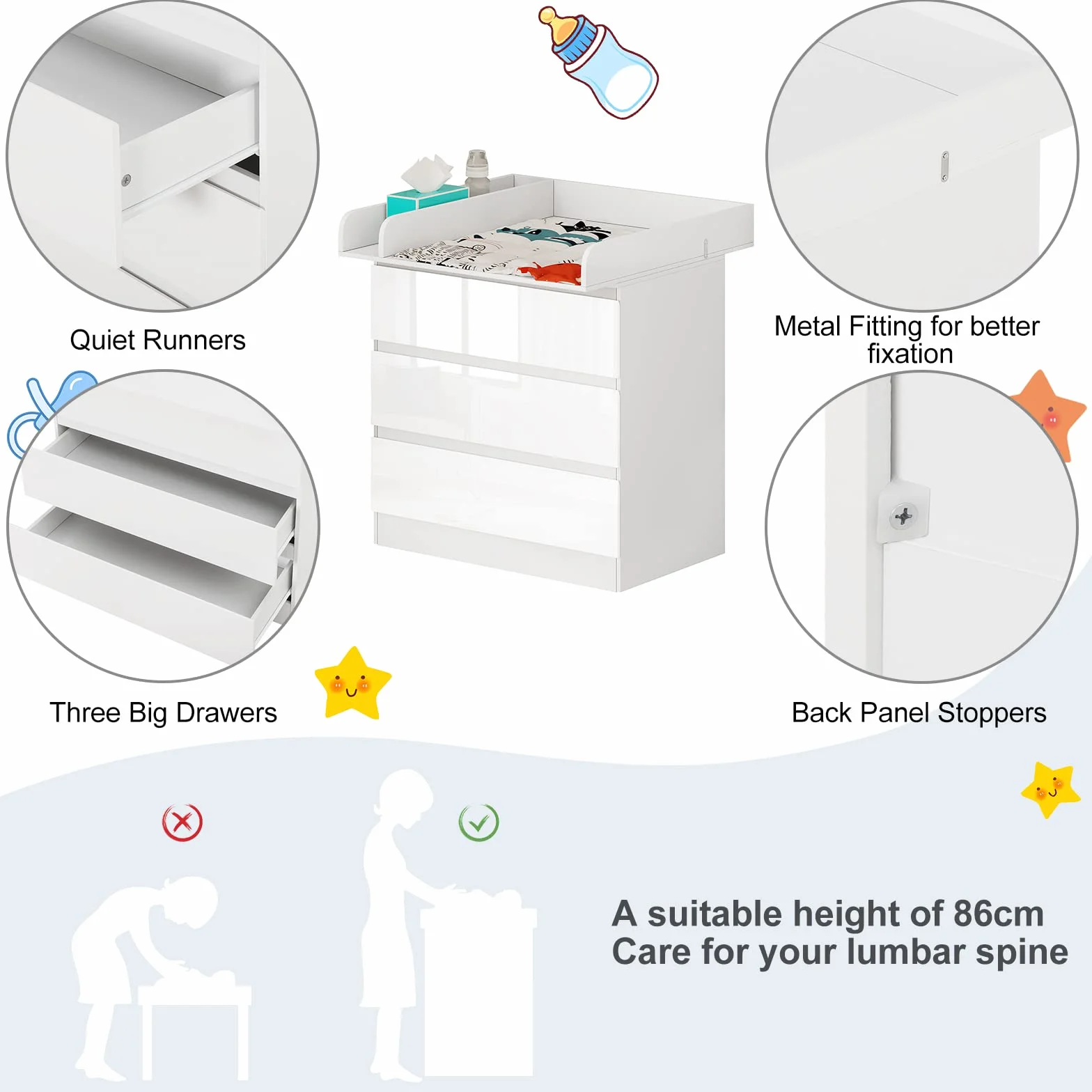 WOLTU Cassettiera con Fasciatoio per Bambini, 3 Cassetti, MDF, Truciolare e Metallo, Bianco + Bianco Lucido
