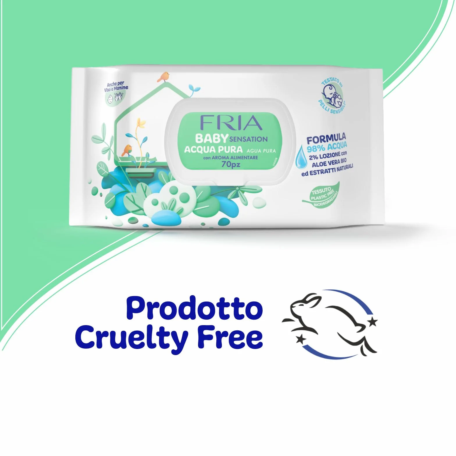 Fria Baby Sensation Acqua Pura Salviette per Cambio Pannolino, 98% Acqua Purificata, 70 Salviette