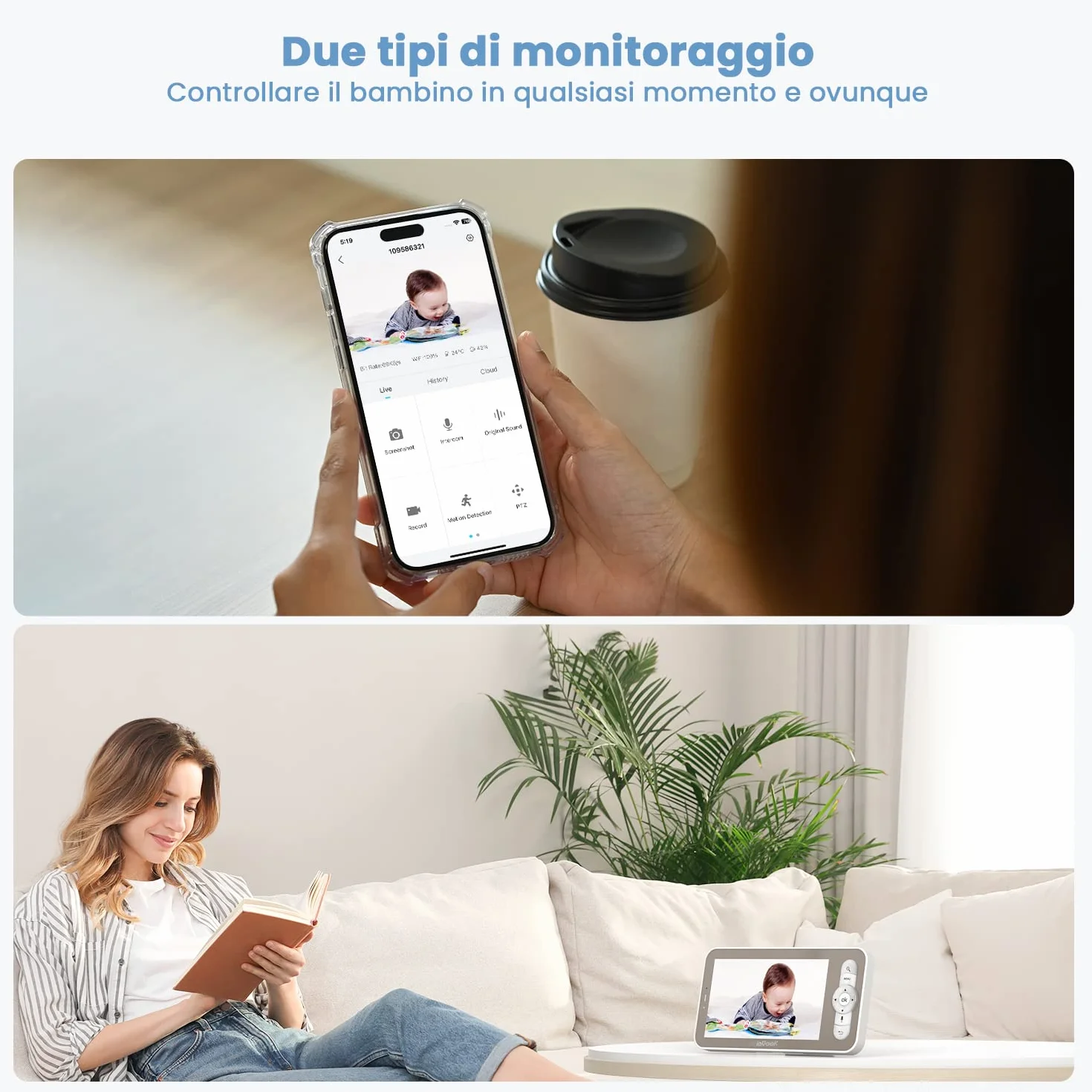 ieGeek 2K Baby Monitor con 5" LCD, Telecamera Bambini con APP, 3000mAh Batteria Ricaricabile, Rilevamento Intelligente