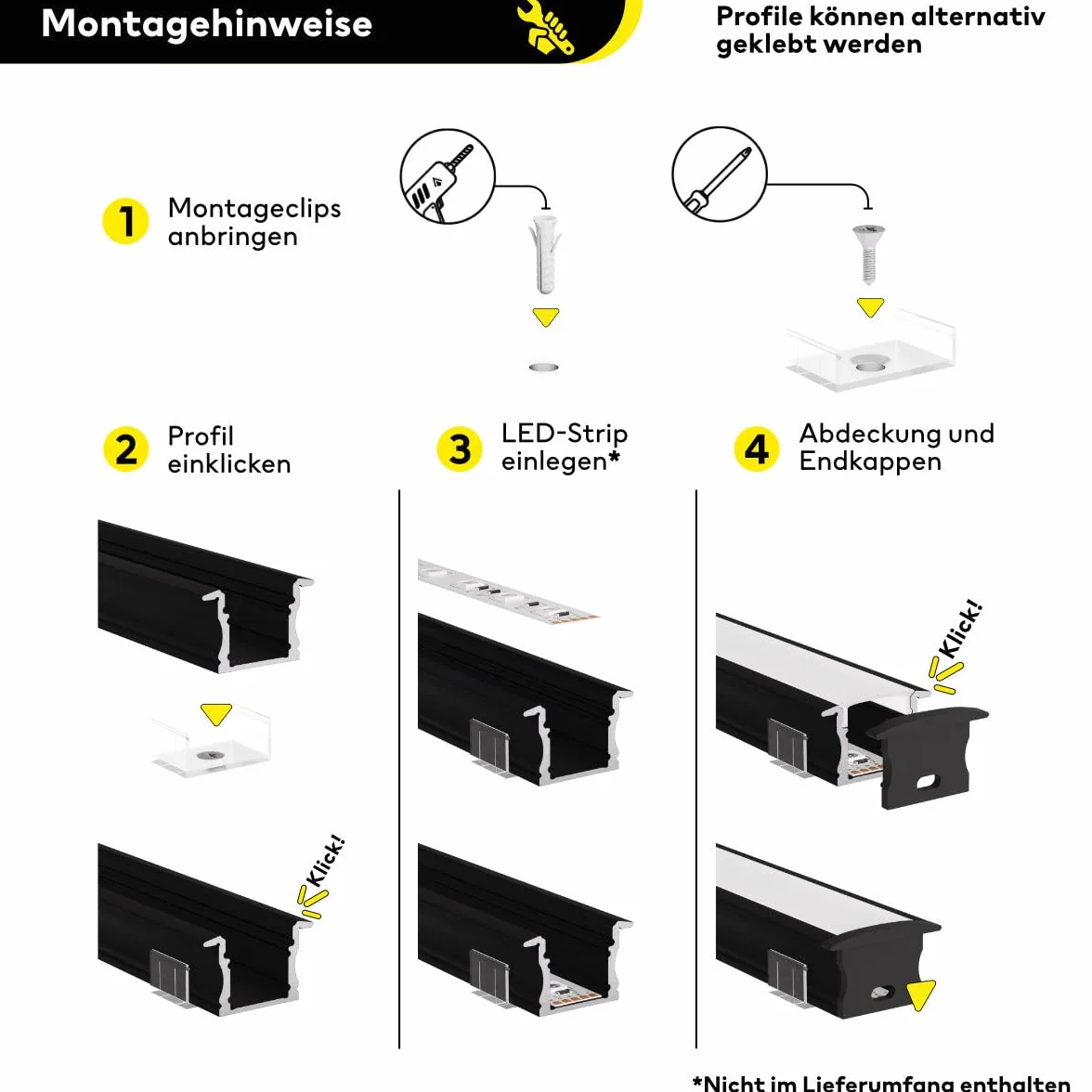 Profilo in alluminio a LED nero, 200 cm, profilo da incasso, copertura opale, per strisce LED da 12 mm, principale