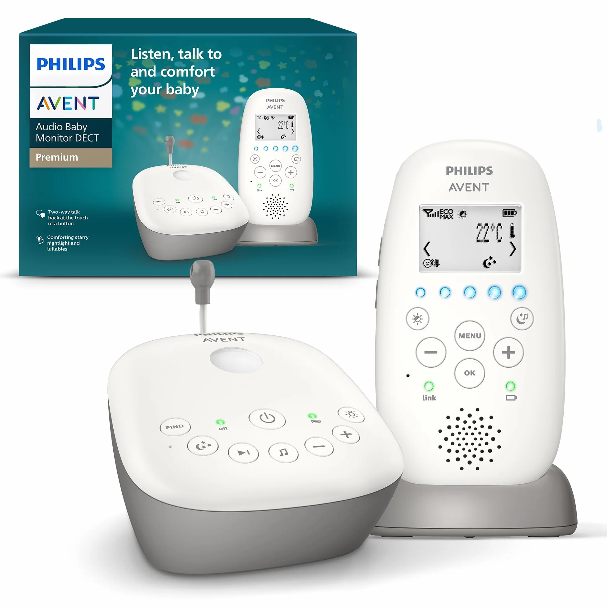 Philips Avent DECT Audio Baby Monitor SCD733/26 con luce notturna e proiettore stelline, portata 330 m, autonomia 24 ore