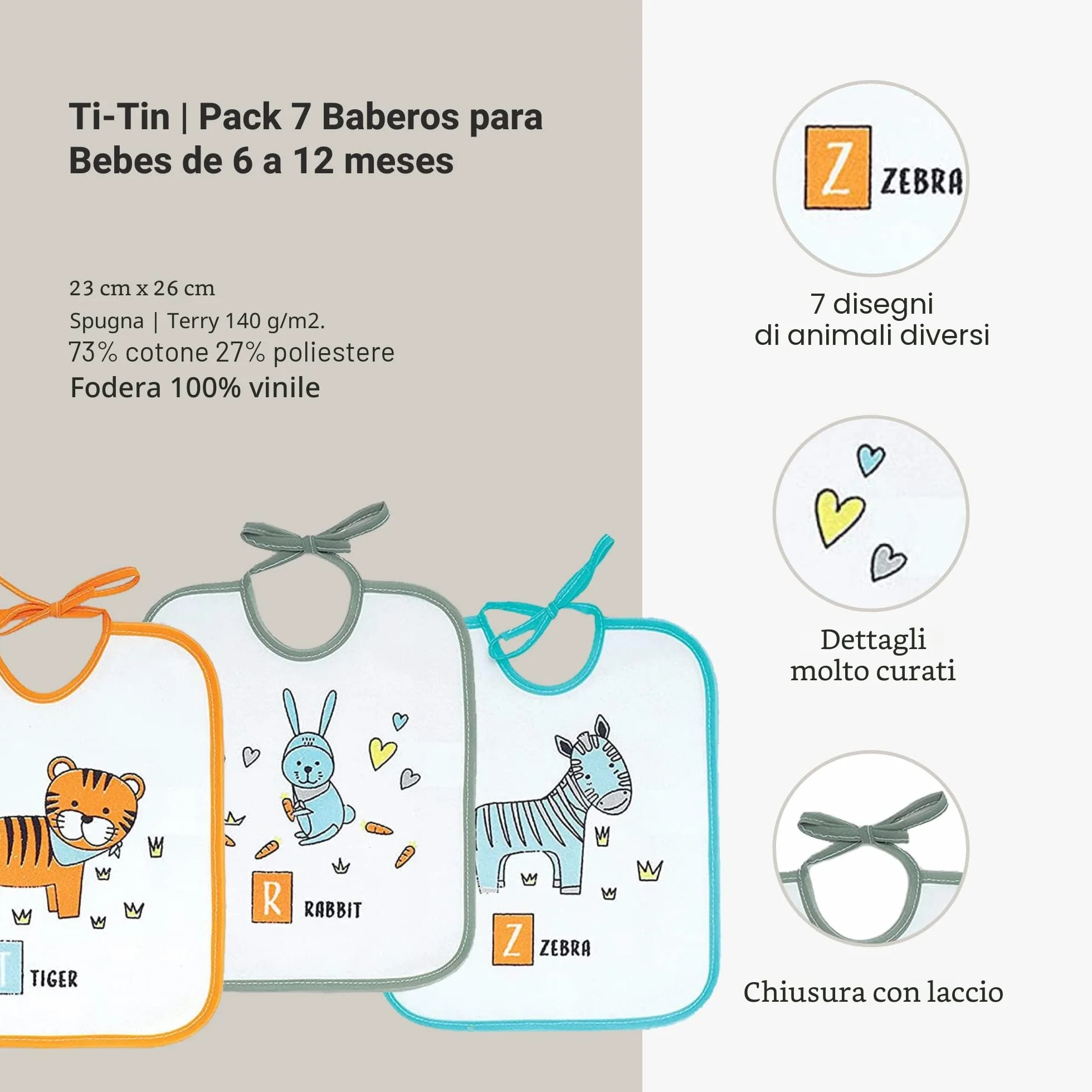 Bavaglini Impermeabili 73% Cotone 27% Poliestere Fodera Vinile Confezione Da 7 23x27 cm per Bambini 6-18 Mesi