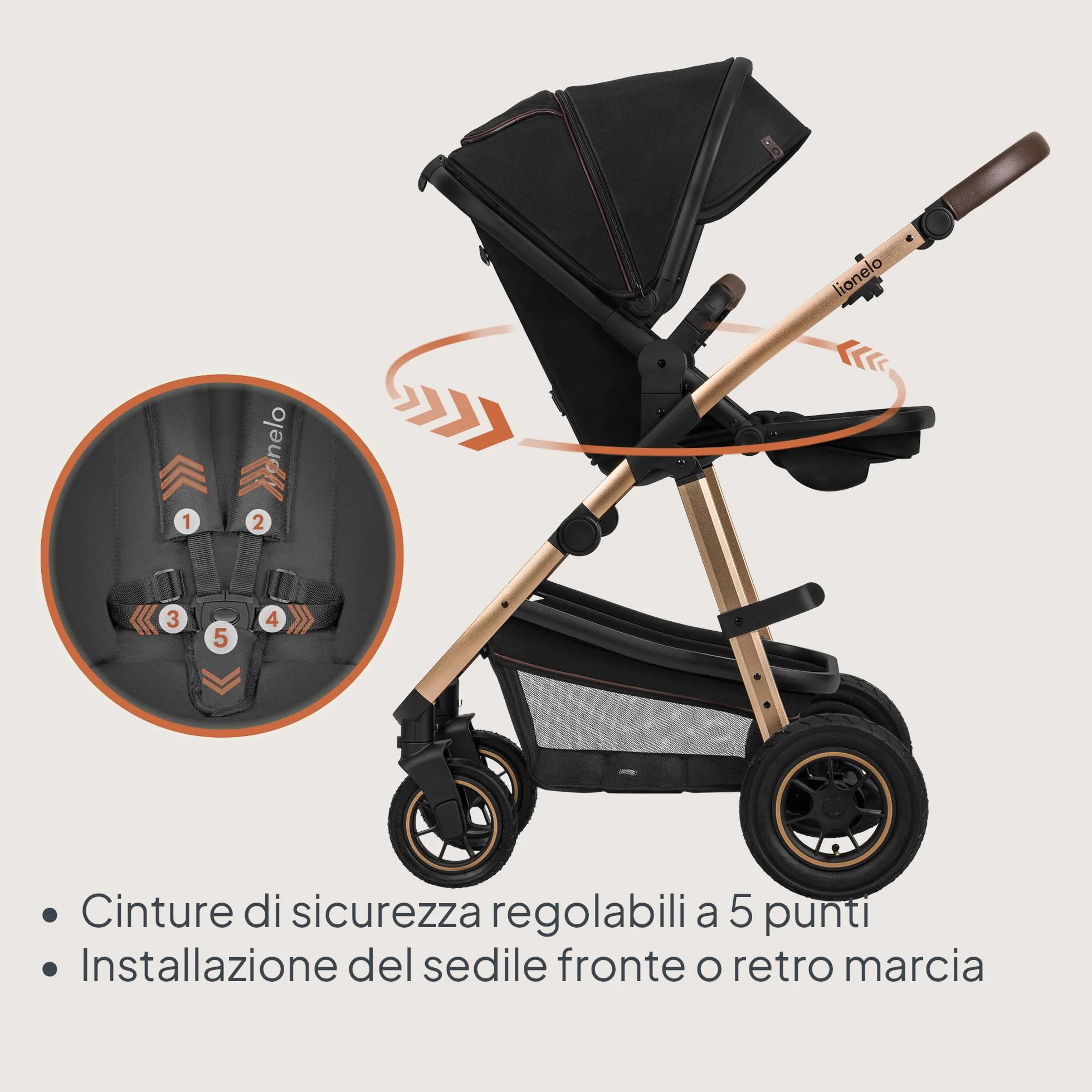 LIONELO Amber Passeggino Trio 3-in-1 0-22 kg Pieghevole Regolabile Ruote Grandi Cappotina XXL