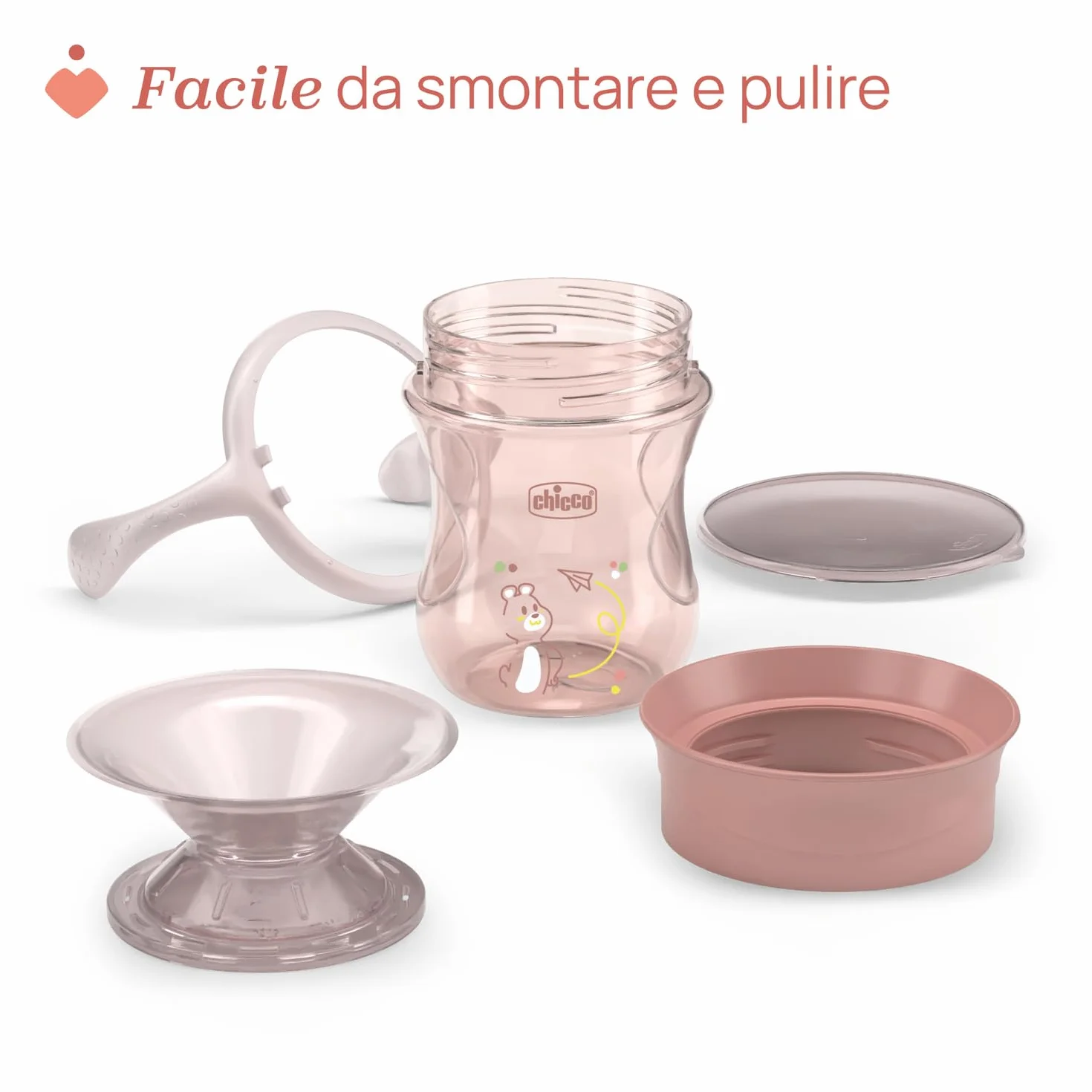 Chicco Perfect Cup Bicchiere per Bambini 200 ml, 1 Tazza Biberon 12+ Mesi, Membrana Silicone 360°, Manici Rimovibili, Senza BPA, Rosa