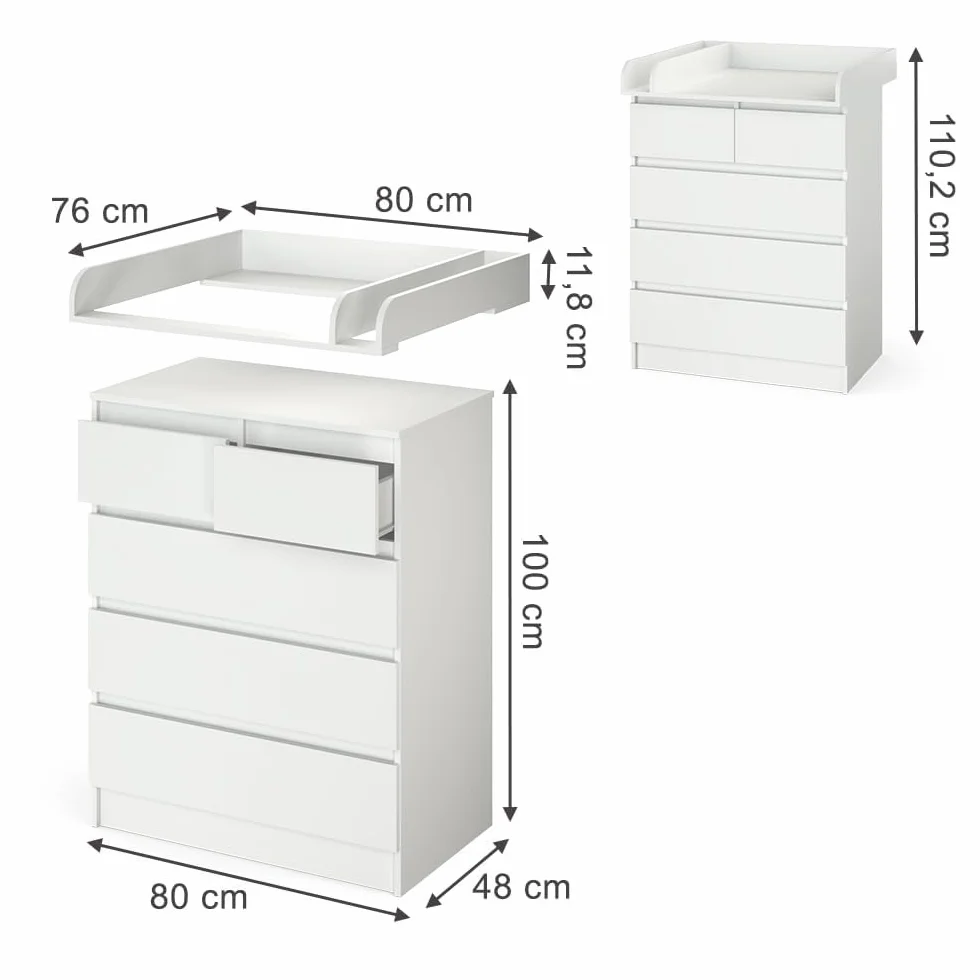 Vicco Fasciatoio Emma Bianco 80 x 110.2 cm z 5 szufladami, konwertowalny na komodę tradycyjną