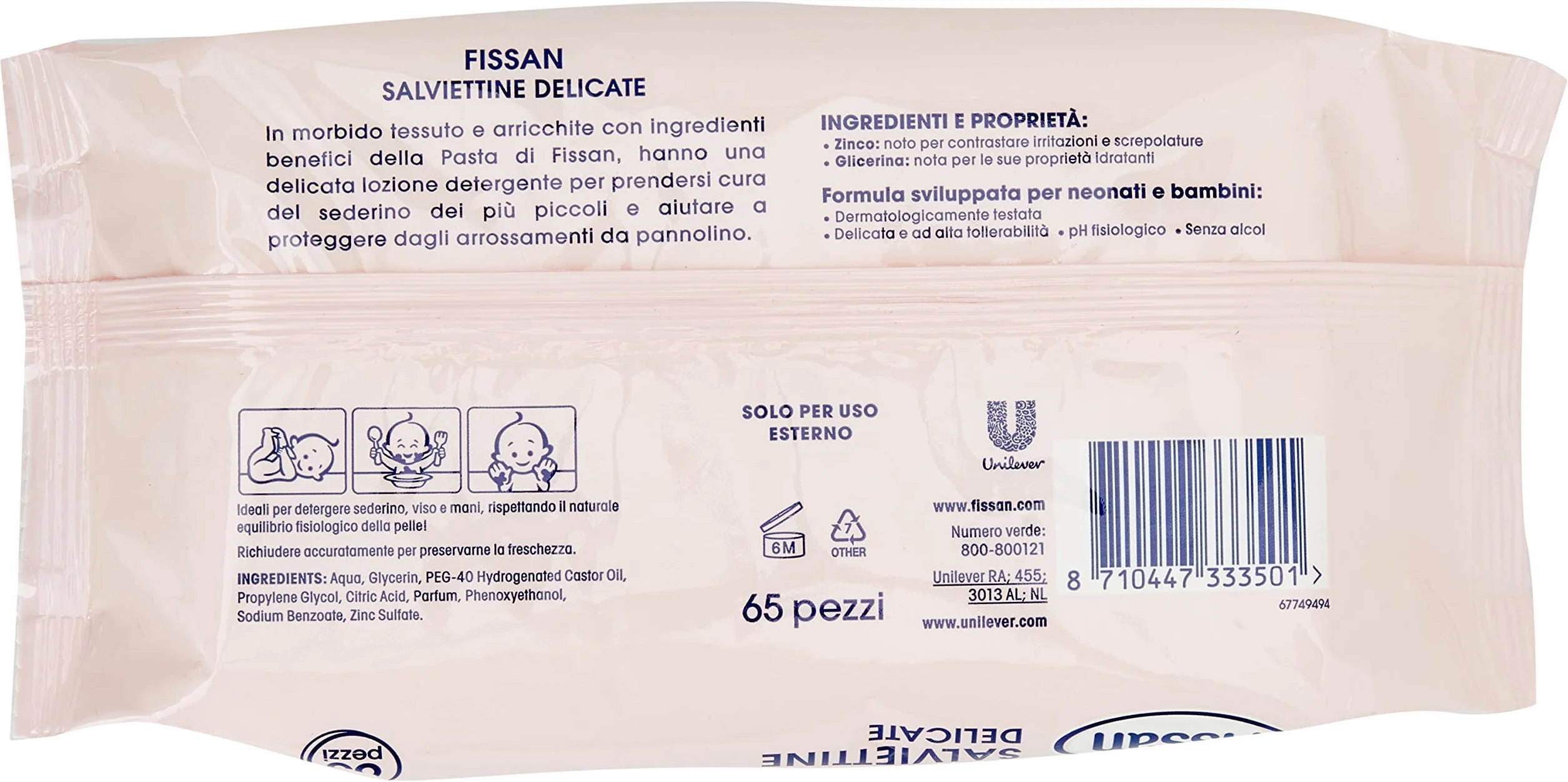 FISSAN Salviettine Delicate Neonati Bambini 96% Ingredienti Origine Naturale Zinco 12 Confezioni 780 Pezzi