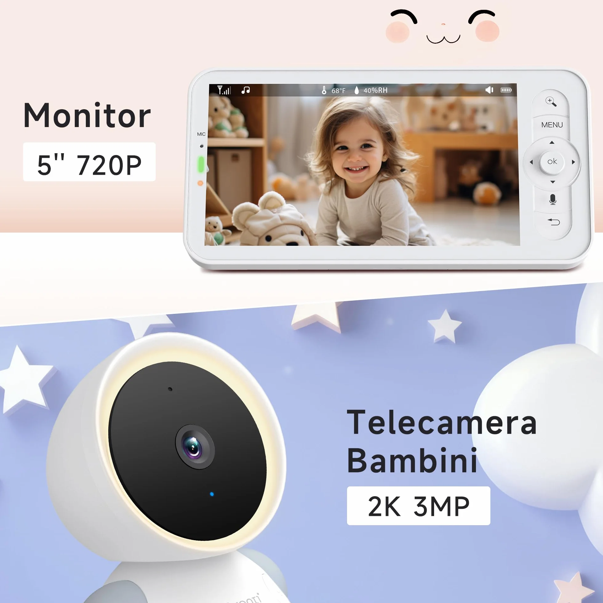 ARENTI Baby Monitor Video e Audio 2K, Telecamera Bambini con Monitor 5'', Rilevamento di Temperatura/Umidità e Suoni/Movimenti, Visione Notturna, Audio Bidirezionale