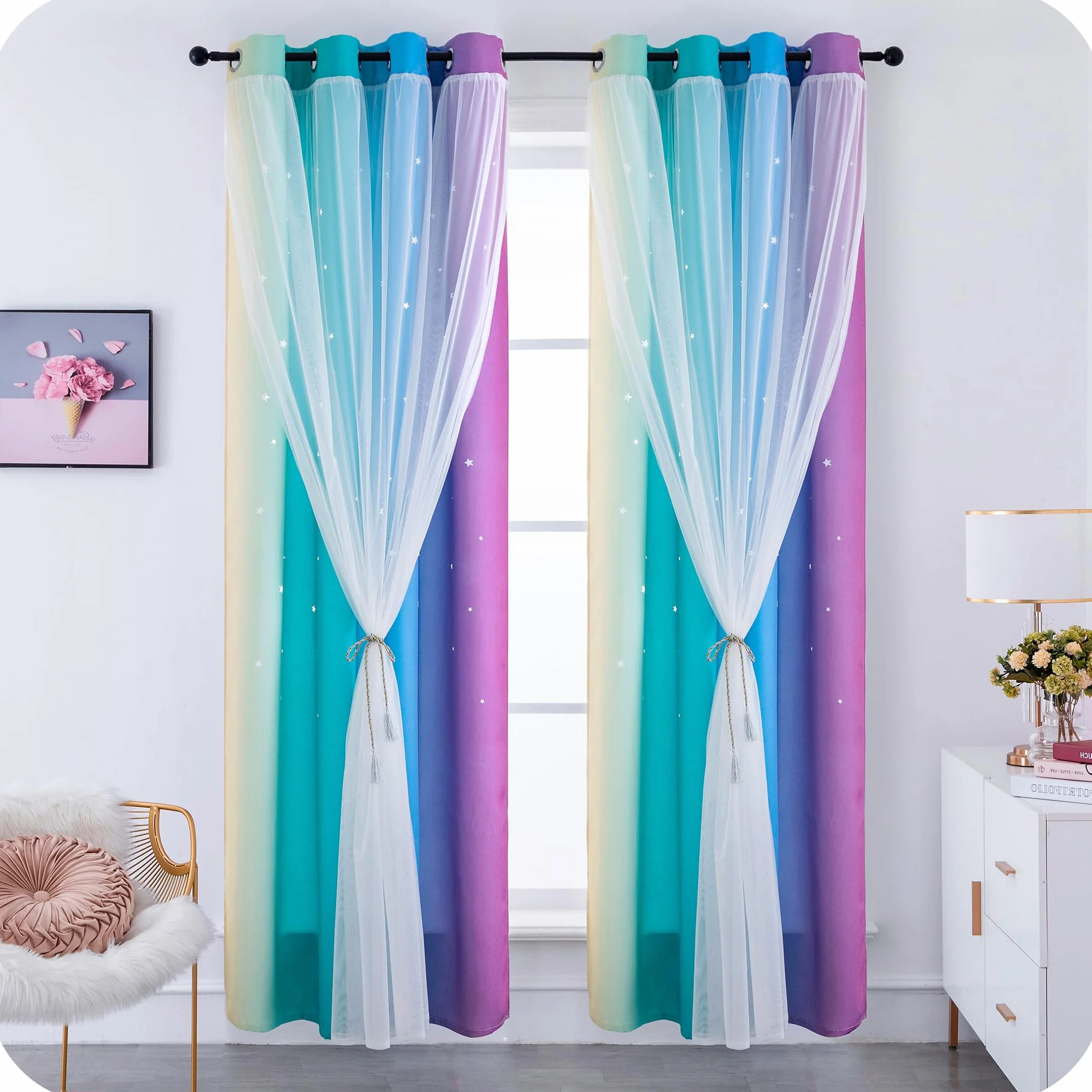 Tende Doppio Velo Oscuranti Morbide Fantasia Stelle Vuote Isolante per Camera Bambini 2 Pannelli 140x285cm Arcobaleno Freddo