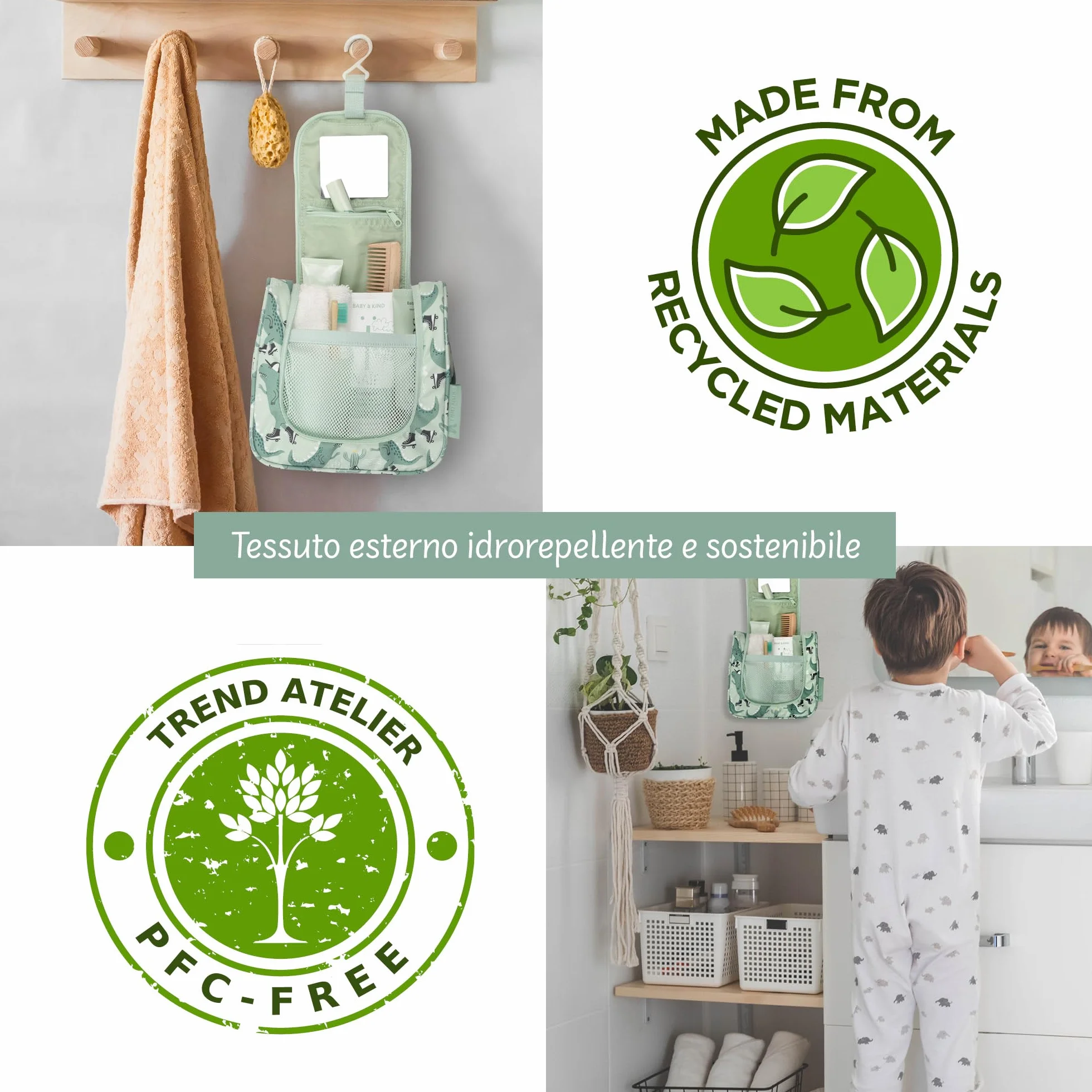 Beauty case bambino appendere trousse toilette sostenibile poliestere riciclato idrorepellente specchio scomparti Dinosauro Verde