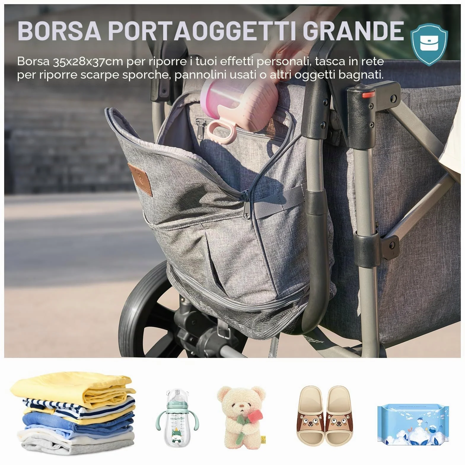 EVER ADVANCED Passeggino pieghevole per bambini con tetto, cintura di sicurezza 2x5 punti, carrello di trasporto con zaino, freno a pedale, capacità 50KG