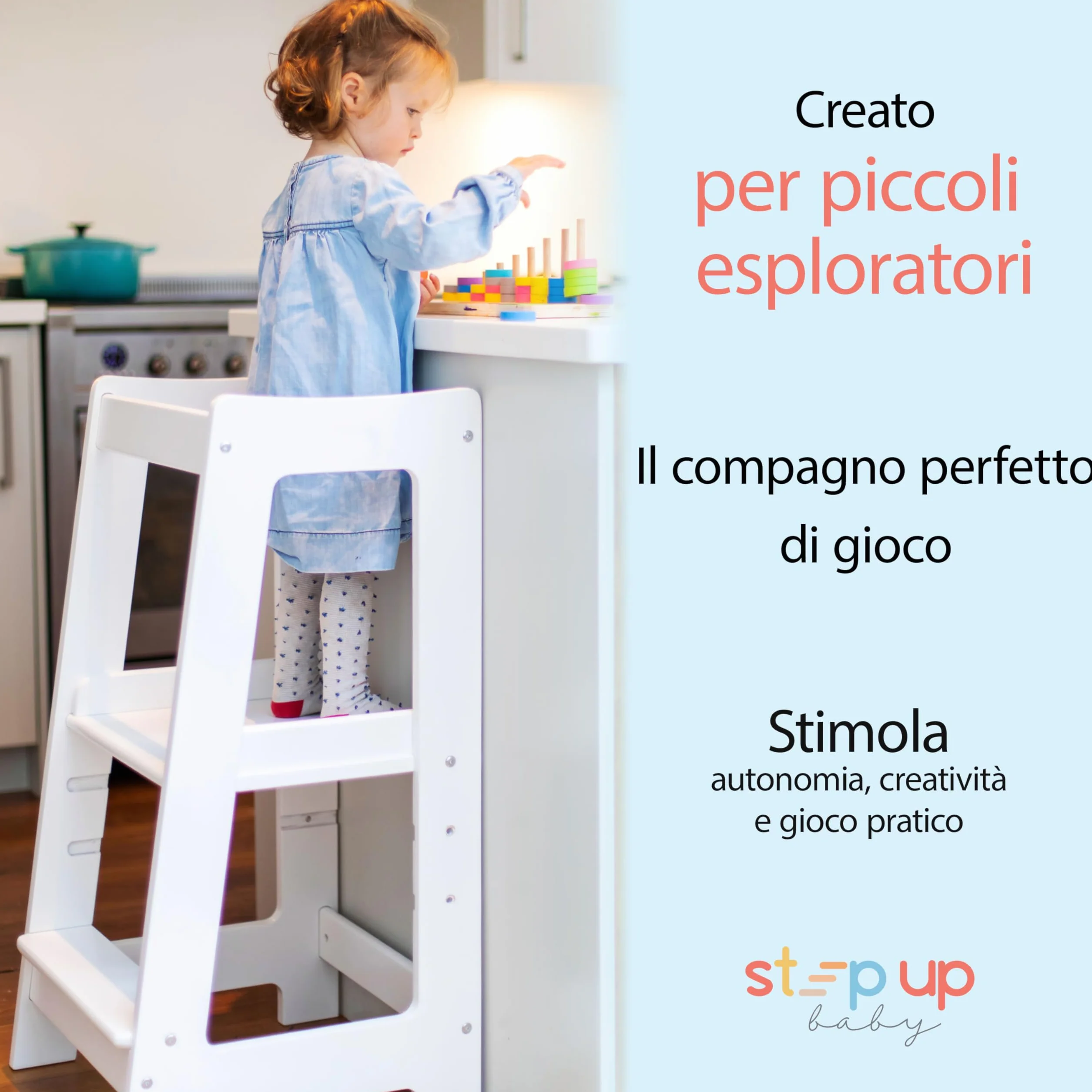 Stepup Baby Torre Montessoriana 3 Altezze Regolabili Torre di Apprendimento Ringhiera Sicurezza Bianco