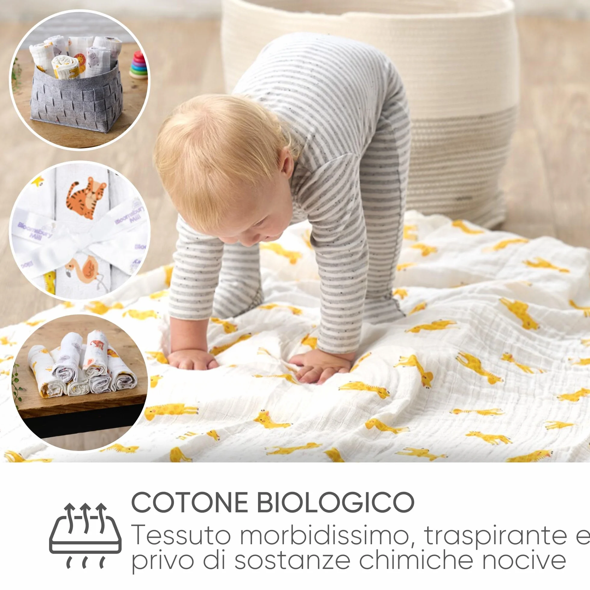 Bloomsbury Mill Mussole Neonato Cotone Set 6 Teli Quadrati 70x70cm 100% Cotone Biologico Animali Giungla